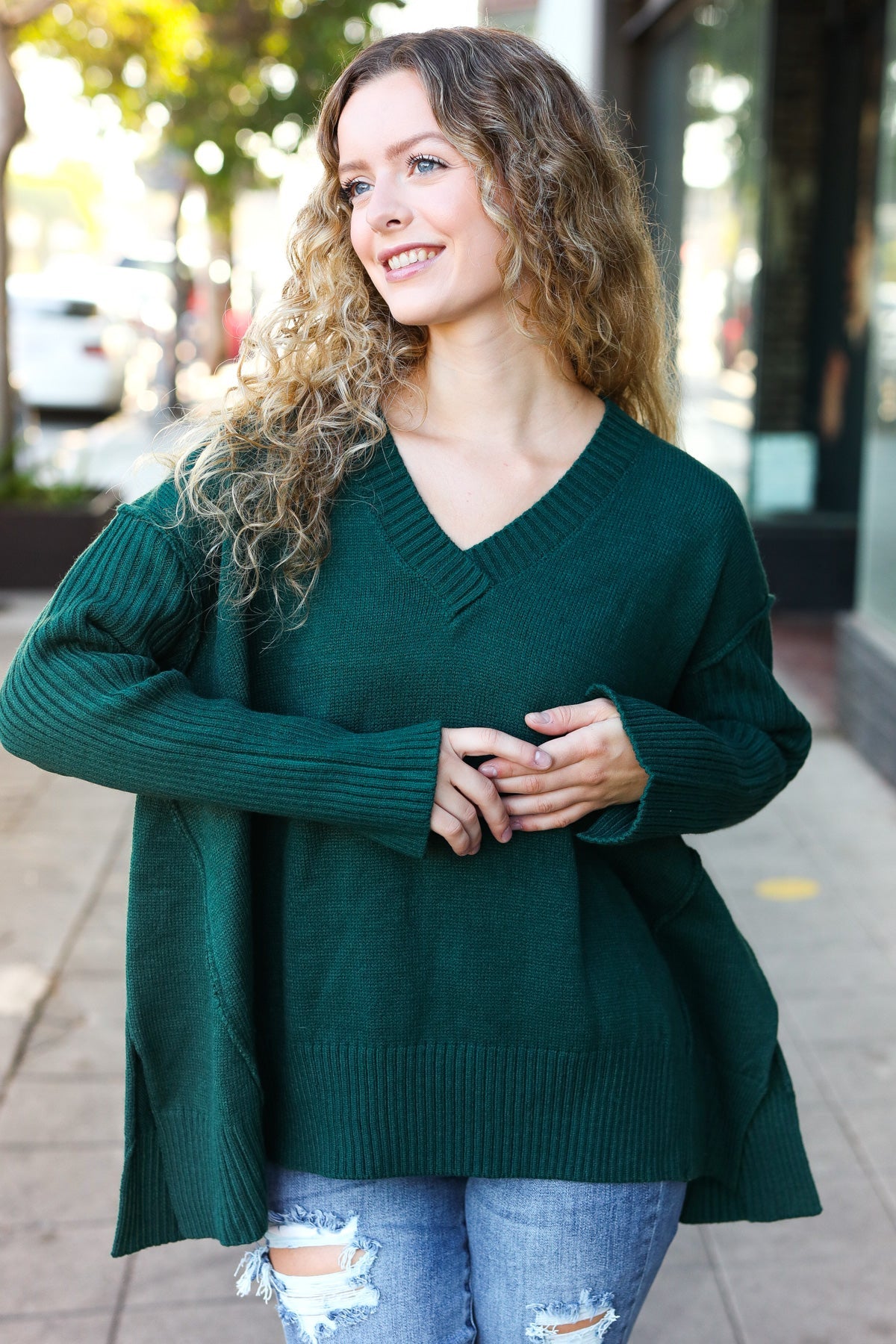 Daydream V Neck Rib Knit Sweater • Green