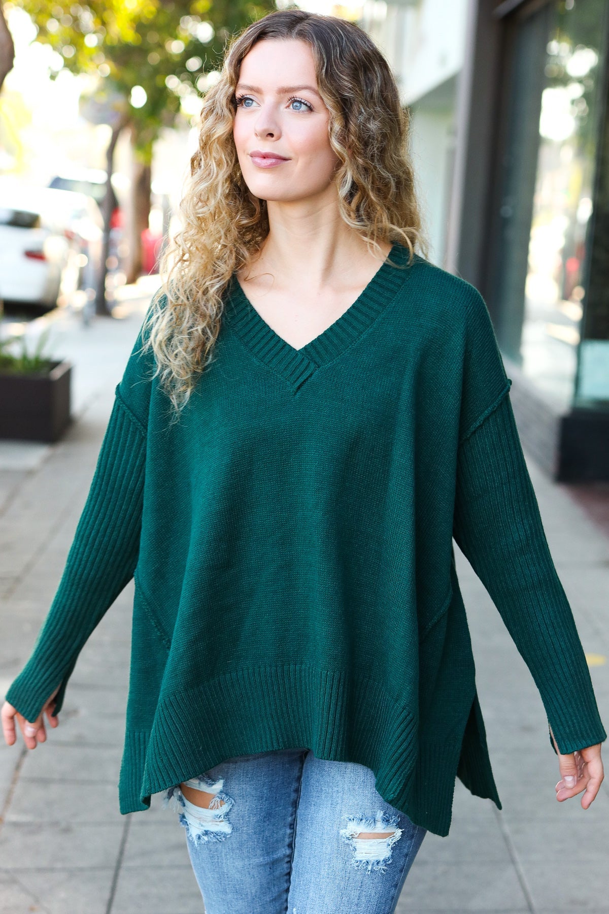 Daydream V Neck Rib Knit Sweater • Green