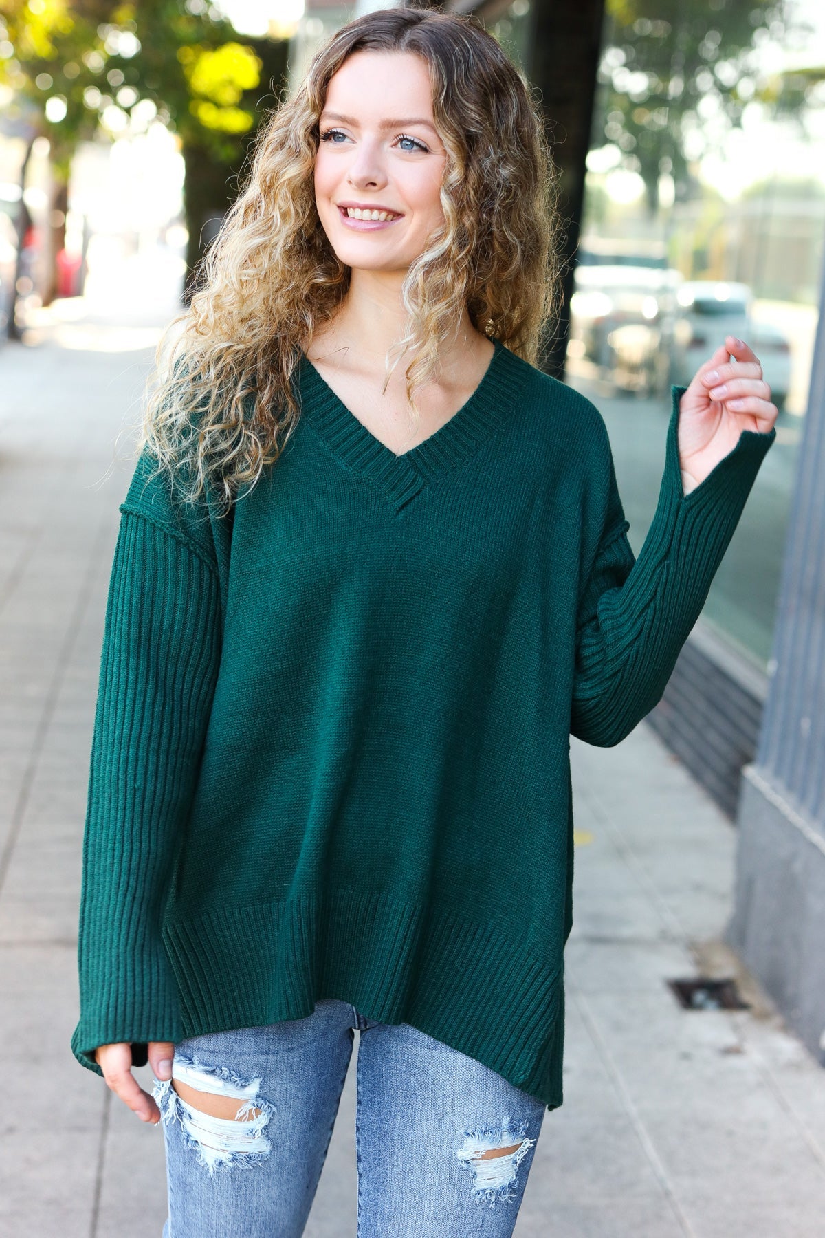 Daydream V Neck Rib Knit Sweater • Green