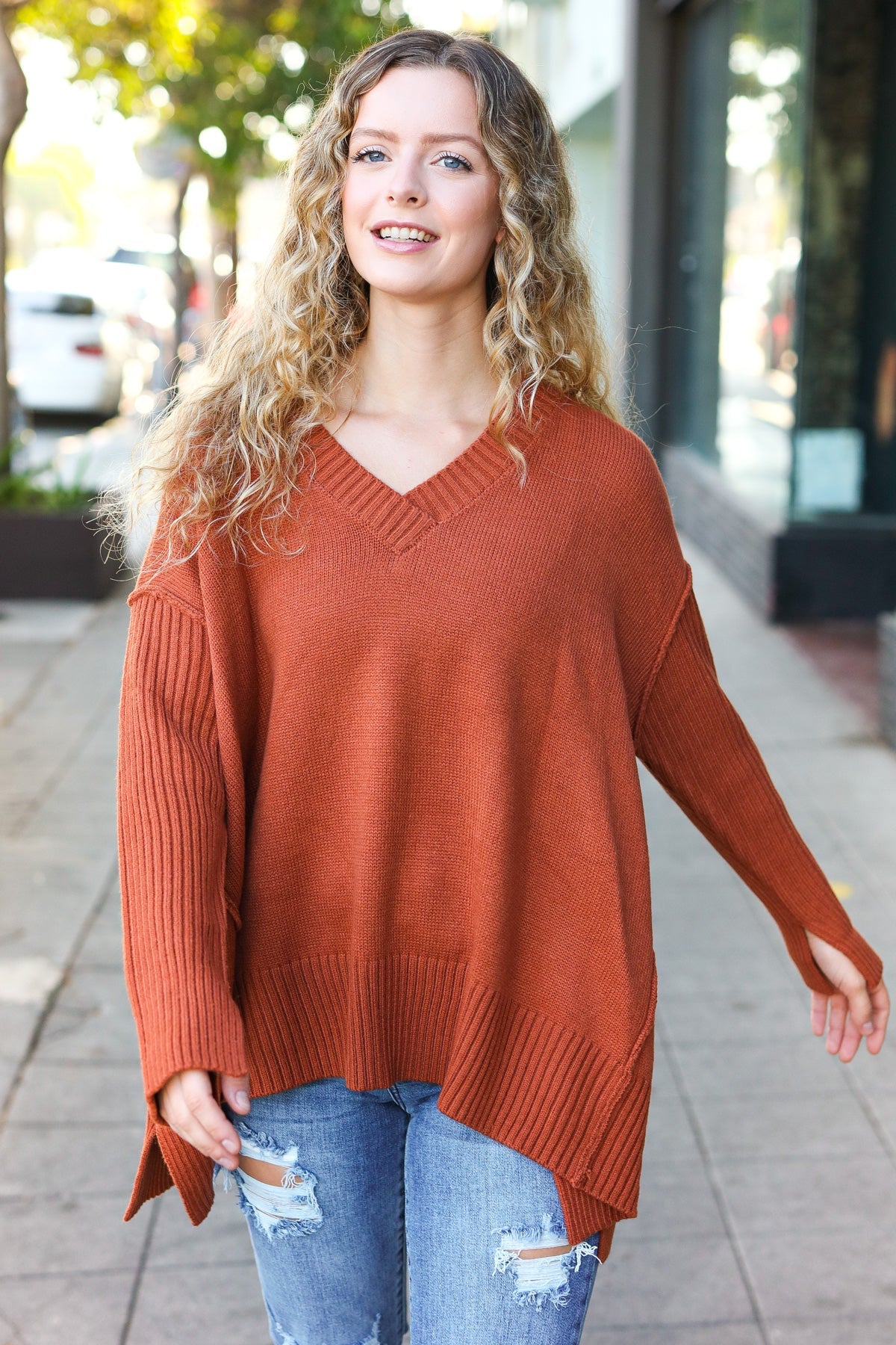 Daydream V Neck Rib Knit Sweater • Rust