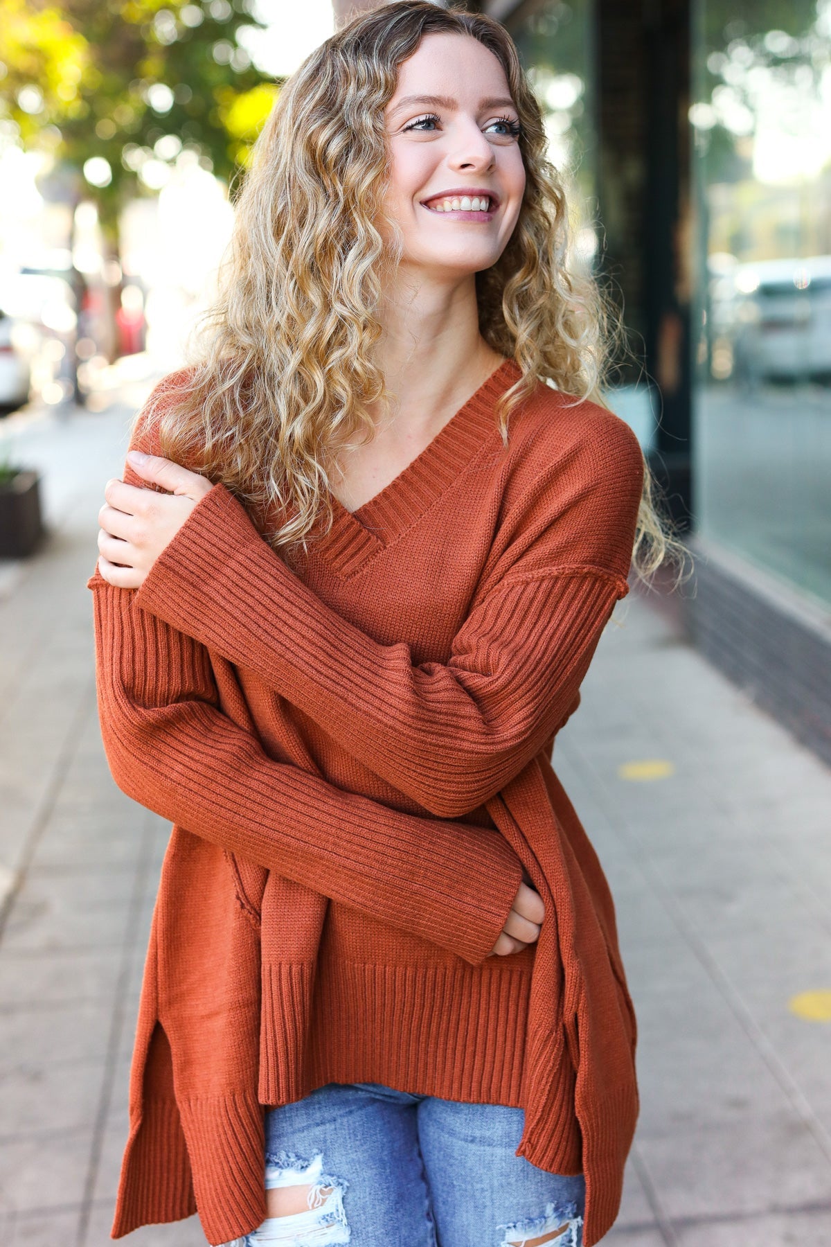 Daydream V Neck Rib Knit Sweater • Rust