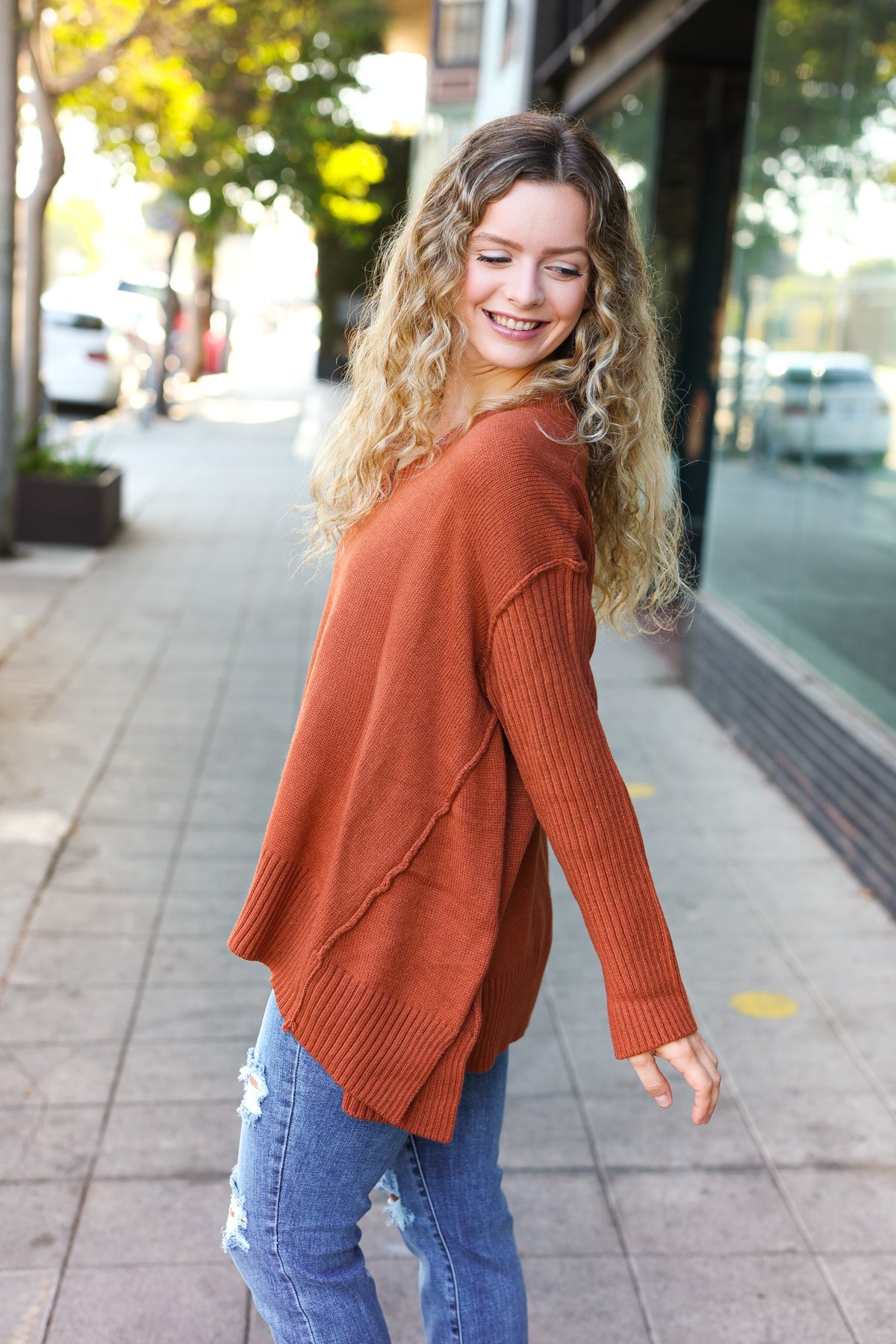 Daydream V Neck Rib Knit Sweater • Rust