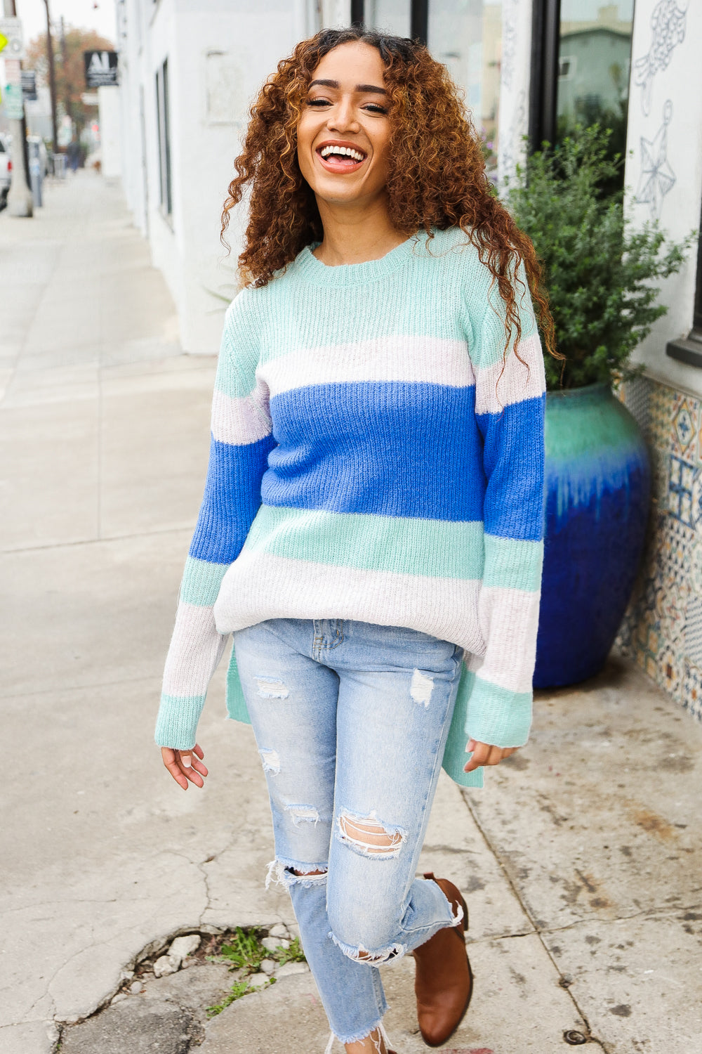 To Be Loved Mohair Striped Rib Knit Tunic Sweater