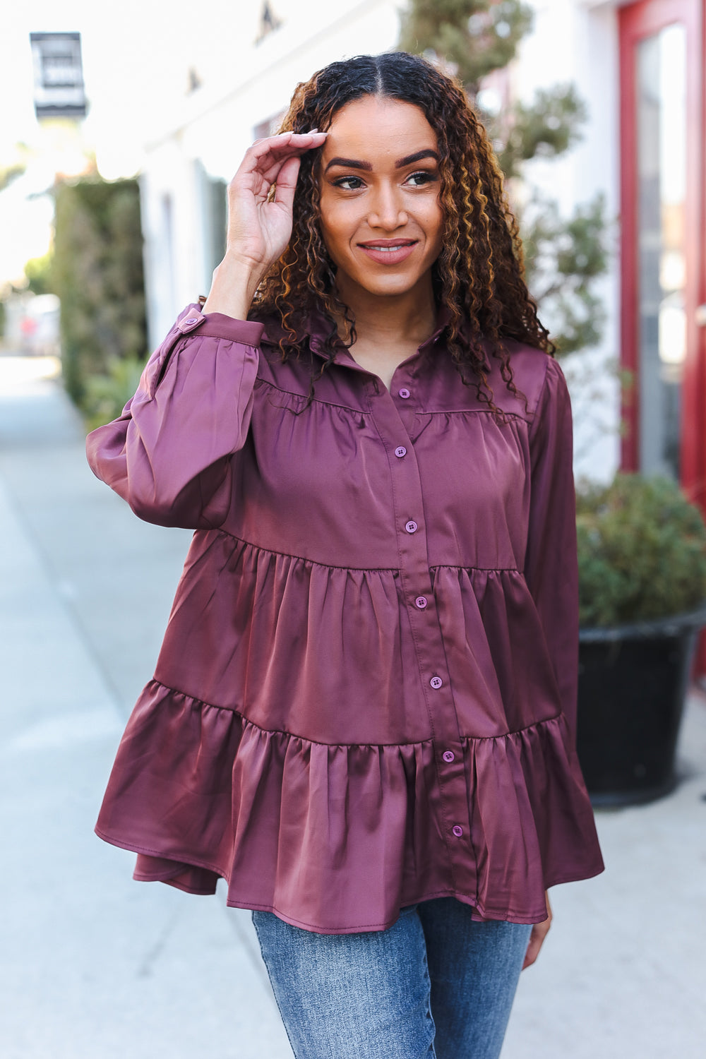 Need You Now Button Down Tiered Babydoll Satin Top • Dark Mauve