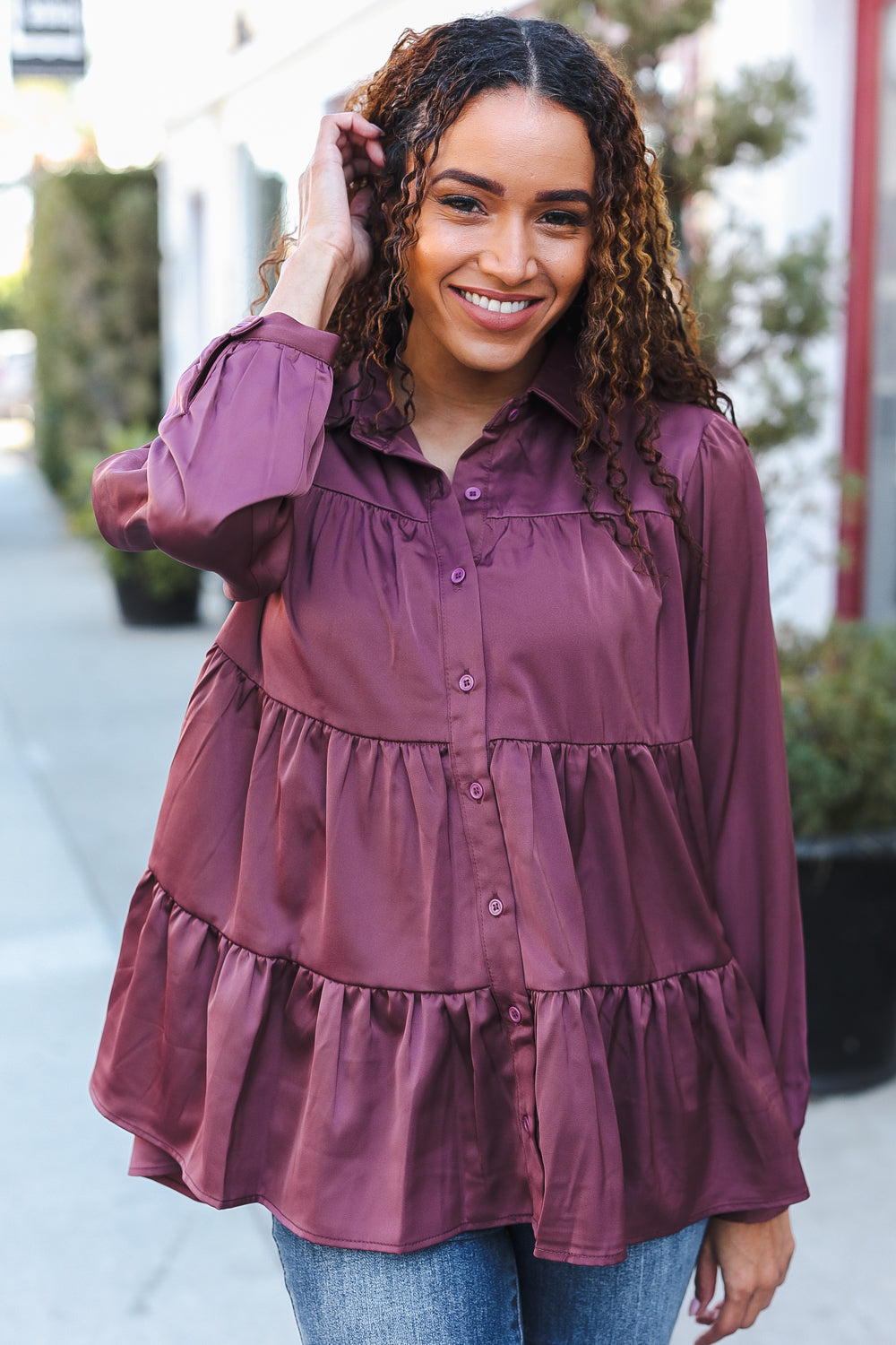 Need You Now Button Down Tiered Babydoll Satin Top • Dark Mauve