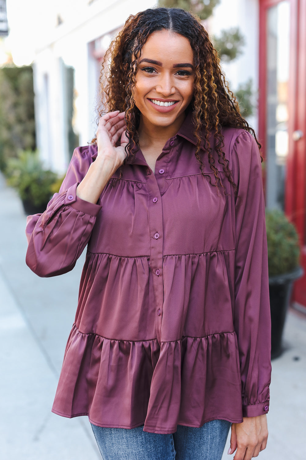 Need You Now Button Down Tiered Babydoll Satin Top • Dark Mauve