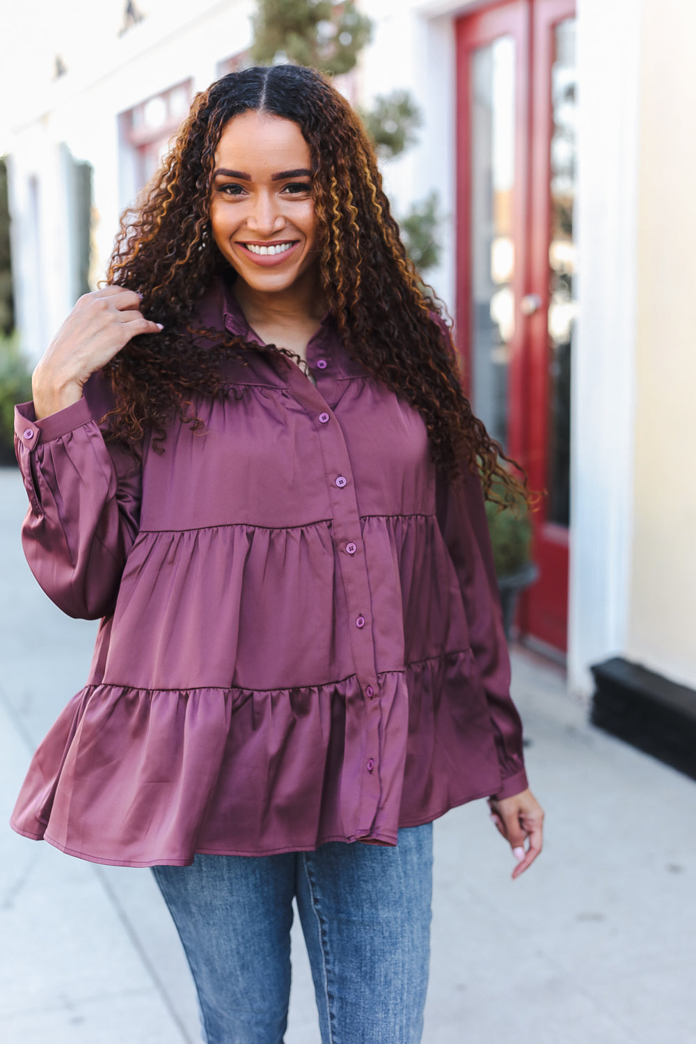 Need You Now Button Down Tiered Babydoll Satin Top • Dark Mauve