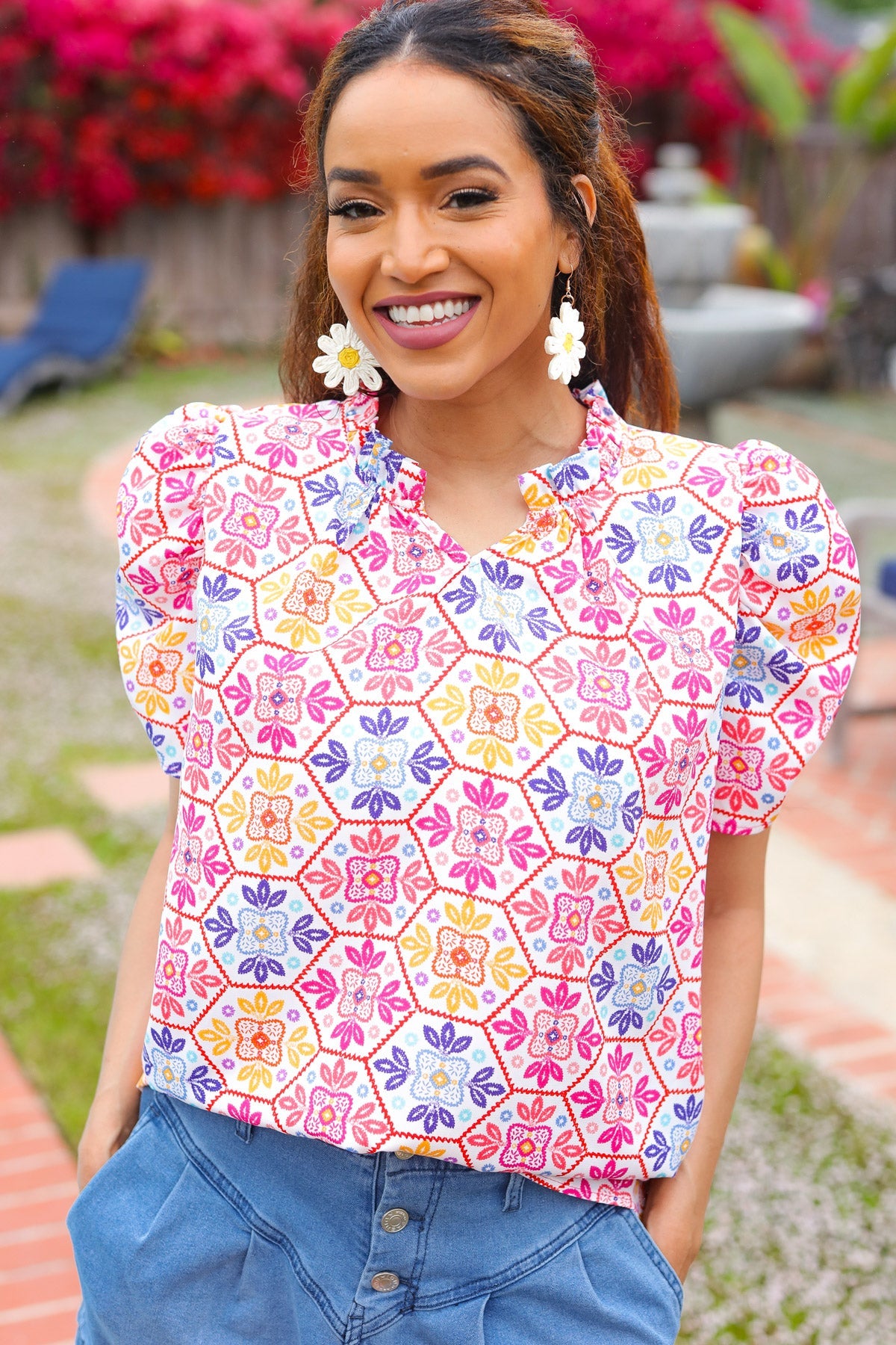 Beautiful You Floral Lace Frill Puff Sleeve Top