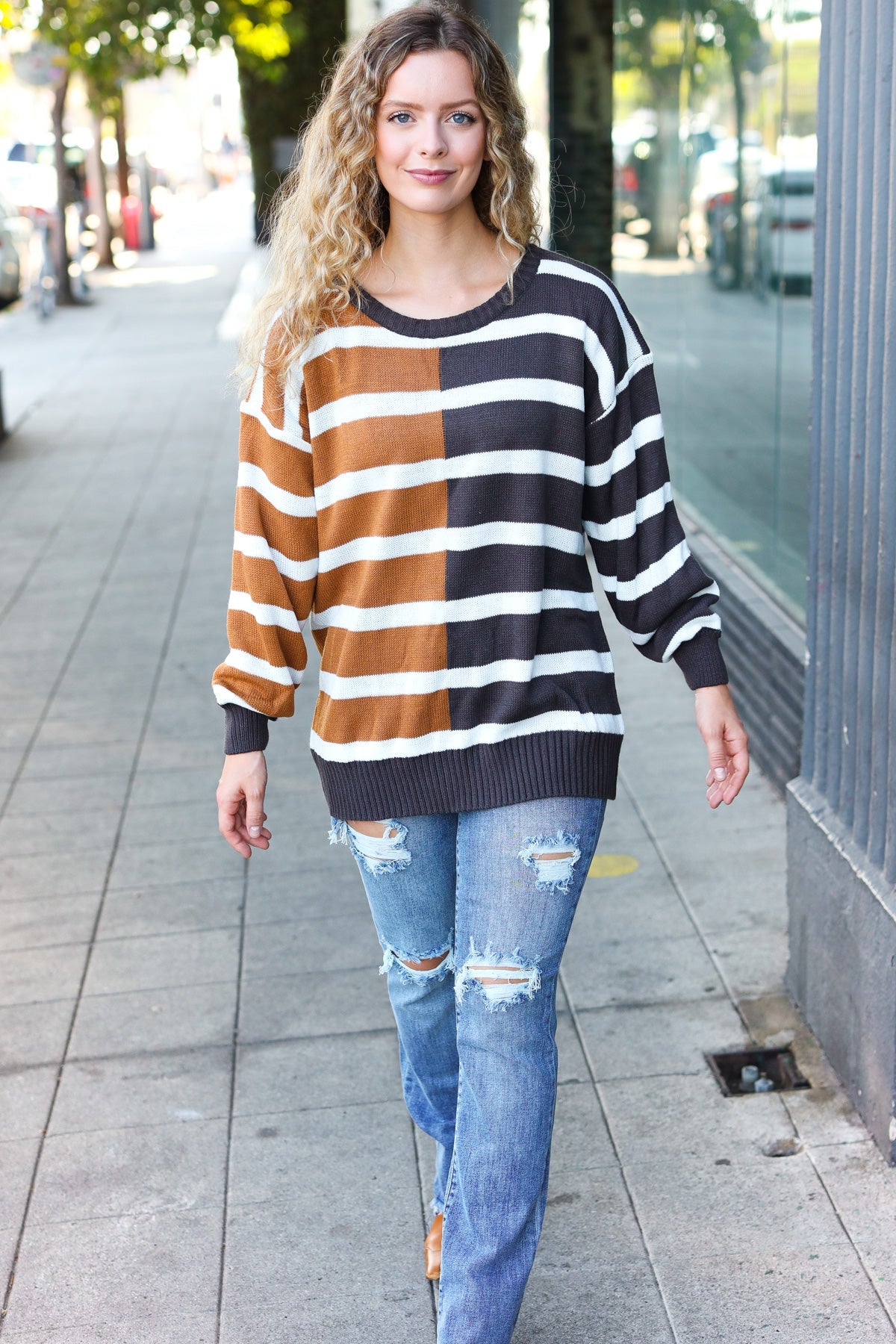 Most Wanted Striped Color Block Sweater • Camel & Charcoal