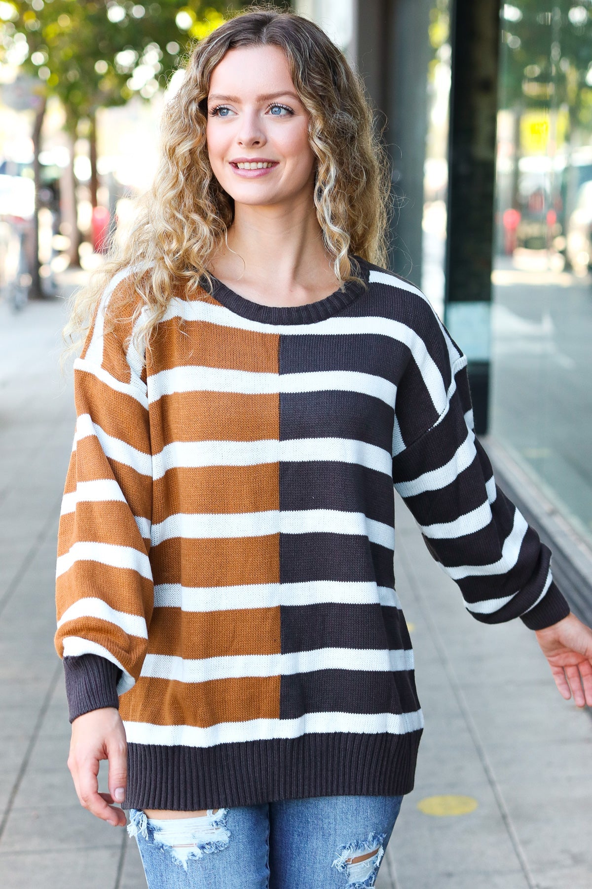 Most Wanted Striped Color Block Sweater • Camel & Charcoal