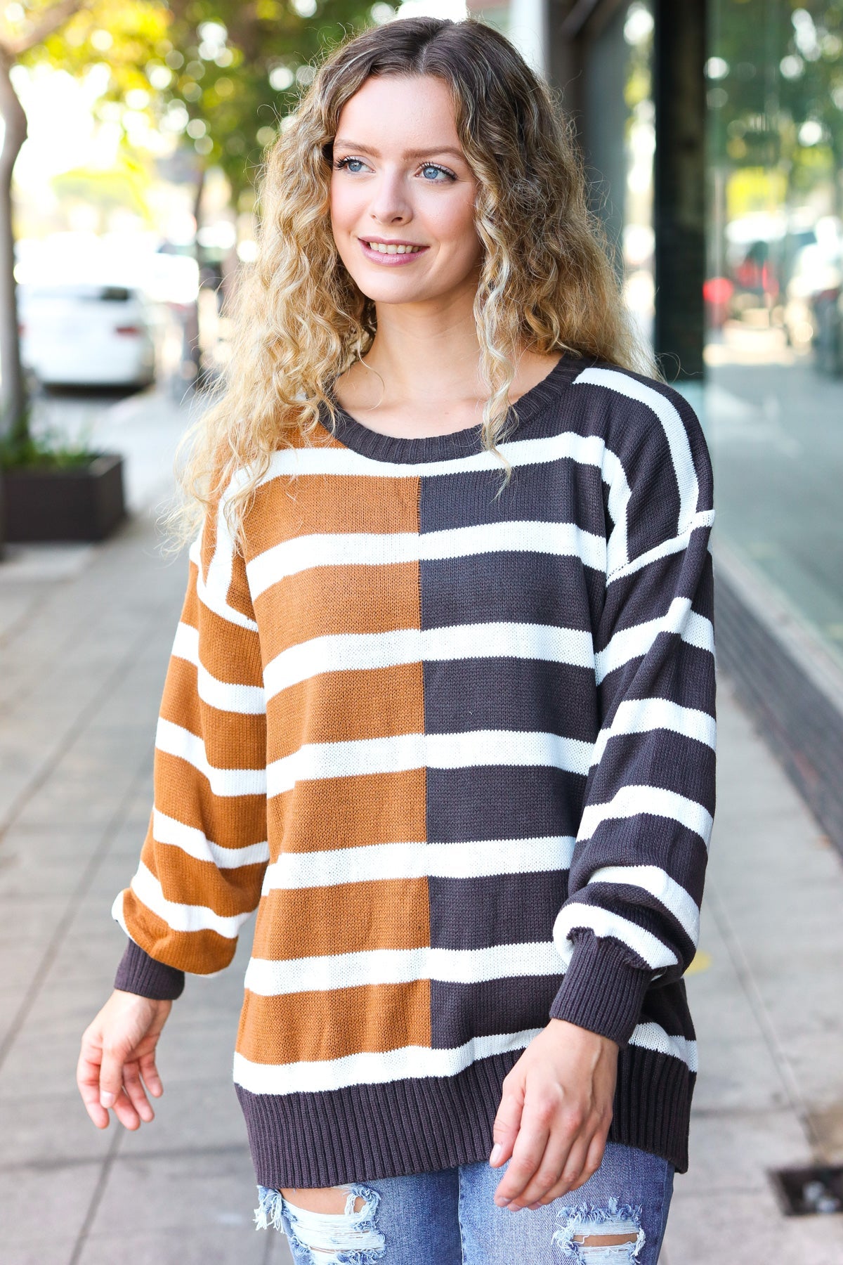 Most Wanted Striped Color Block Sweater • Camel & Charcoal