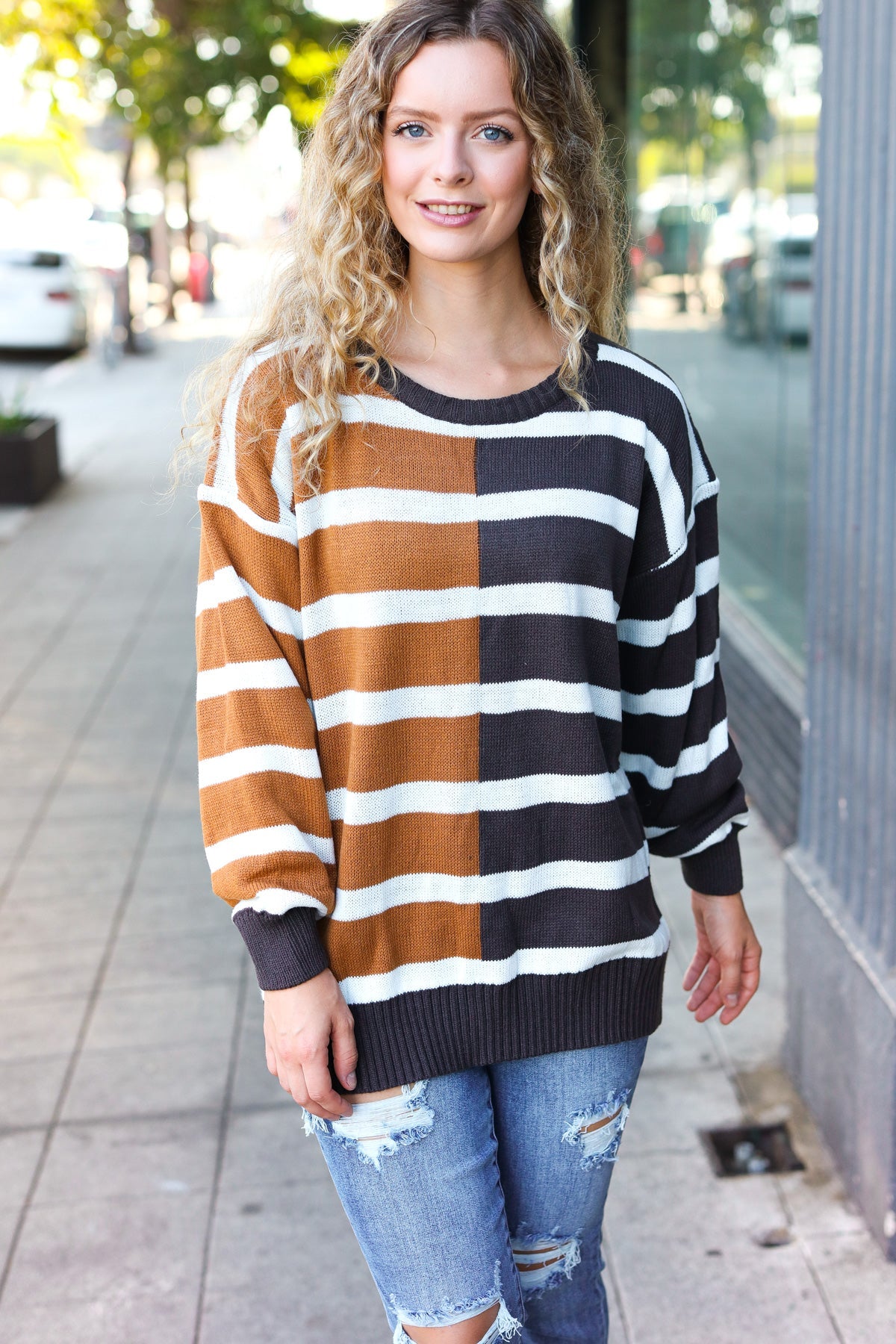 Most Wanted Striped Color Block Sweater • Camel & Charcoal