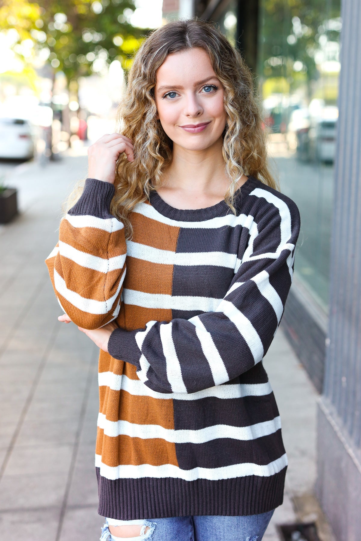 Most Wanted Striped Color Block Sweater • Camel & Charcoal