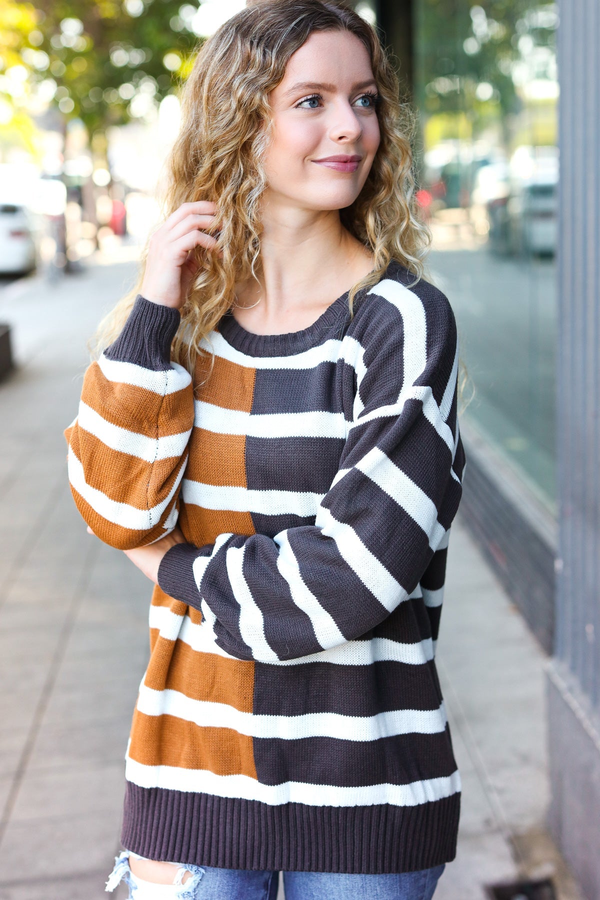 Most Wanted Striped Color Block Sweater • Camel & Charcoal