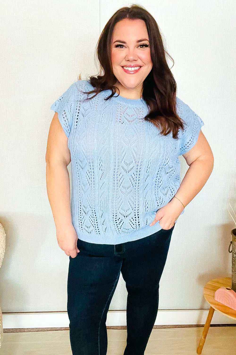 The Perfect Find Short Sleeve Crochet Sweater Top • Sky Blue