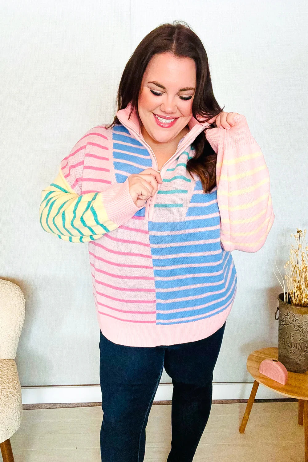 Off The Path Striped Half Zip Up Sweater