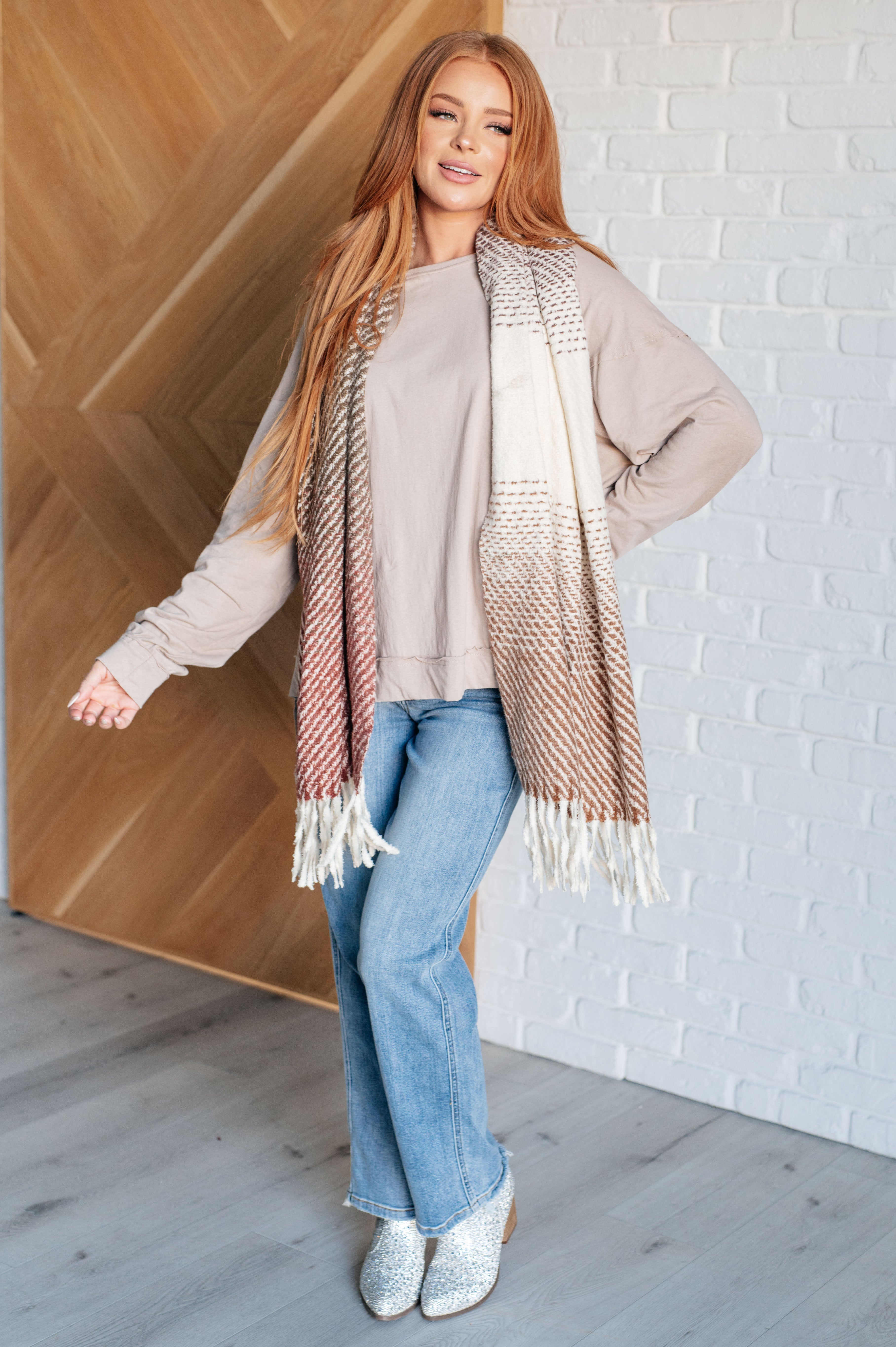 Cold Front Fringe Scarf • Coffee and Red