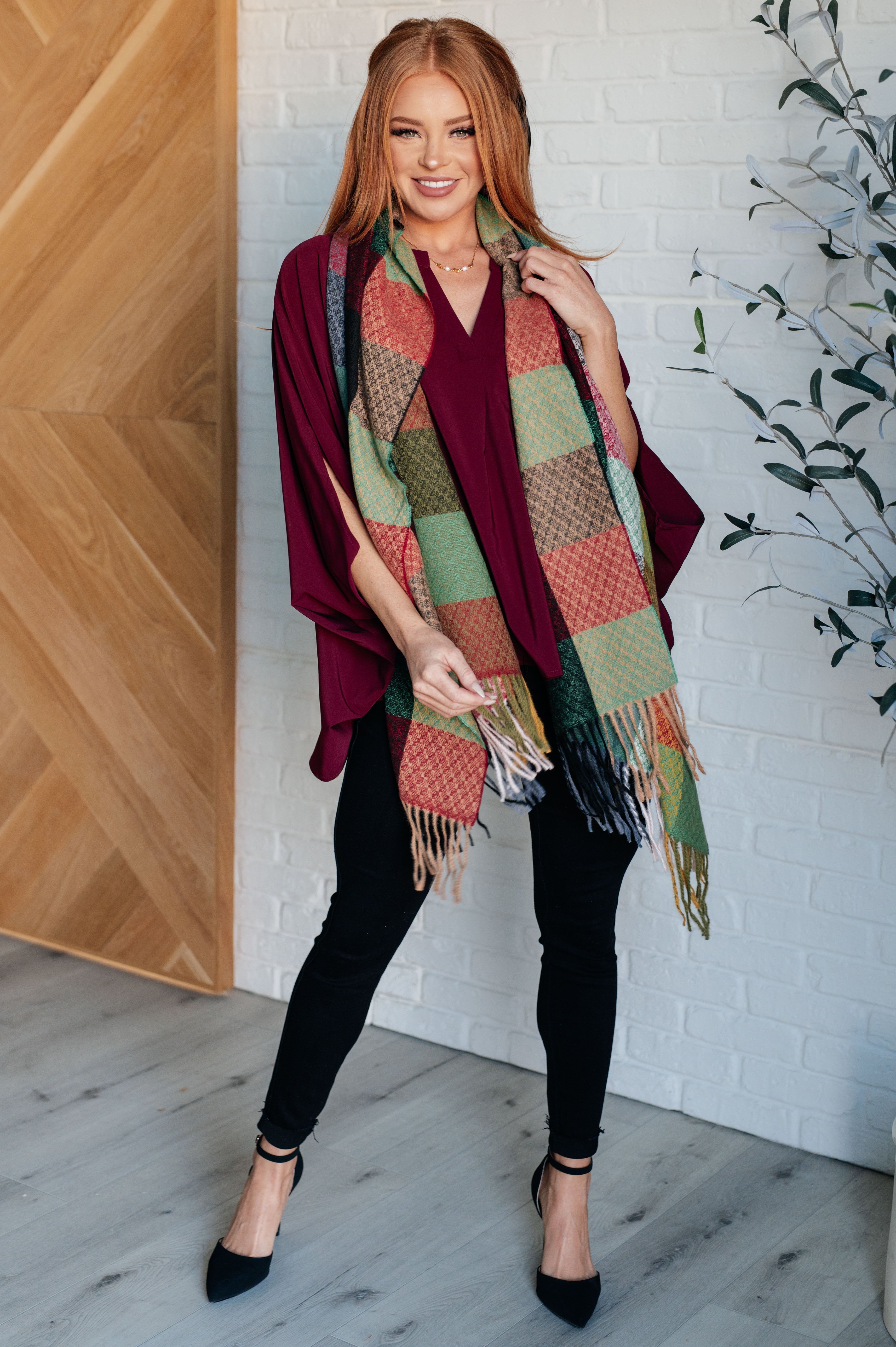 Keep Me Cozy Checkered Fringe Scarf • Berry