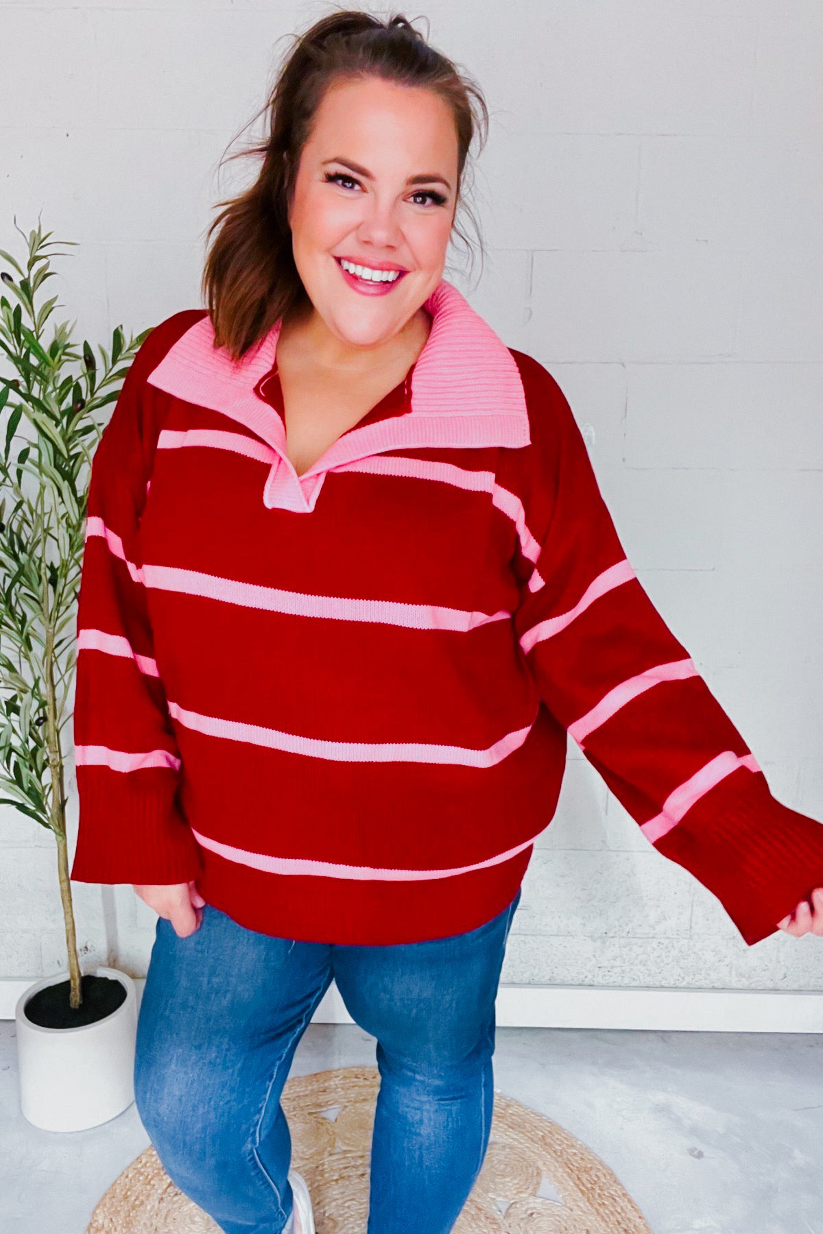 Makes You Wonder Striped Collared Sweater • Crimson