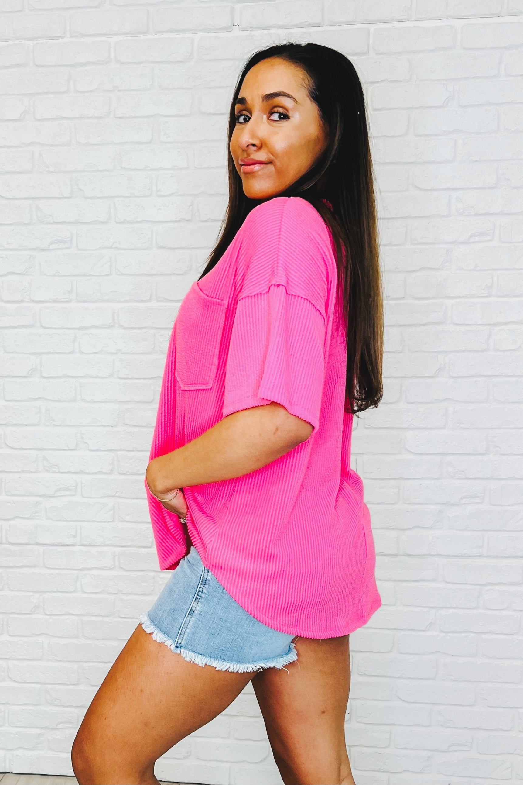 Just a Casual Girly V-Neck Basic Tee • Pink Paradise