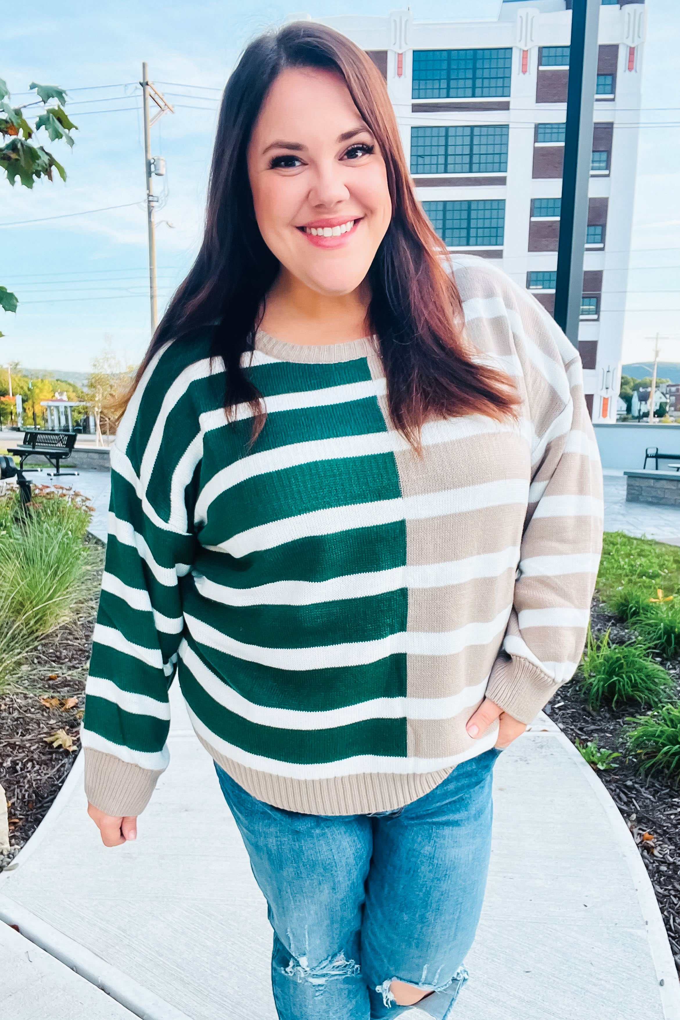 Most Wanted Striped Color Block Sweater • Green & Taupe