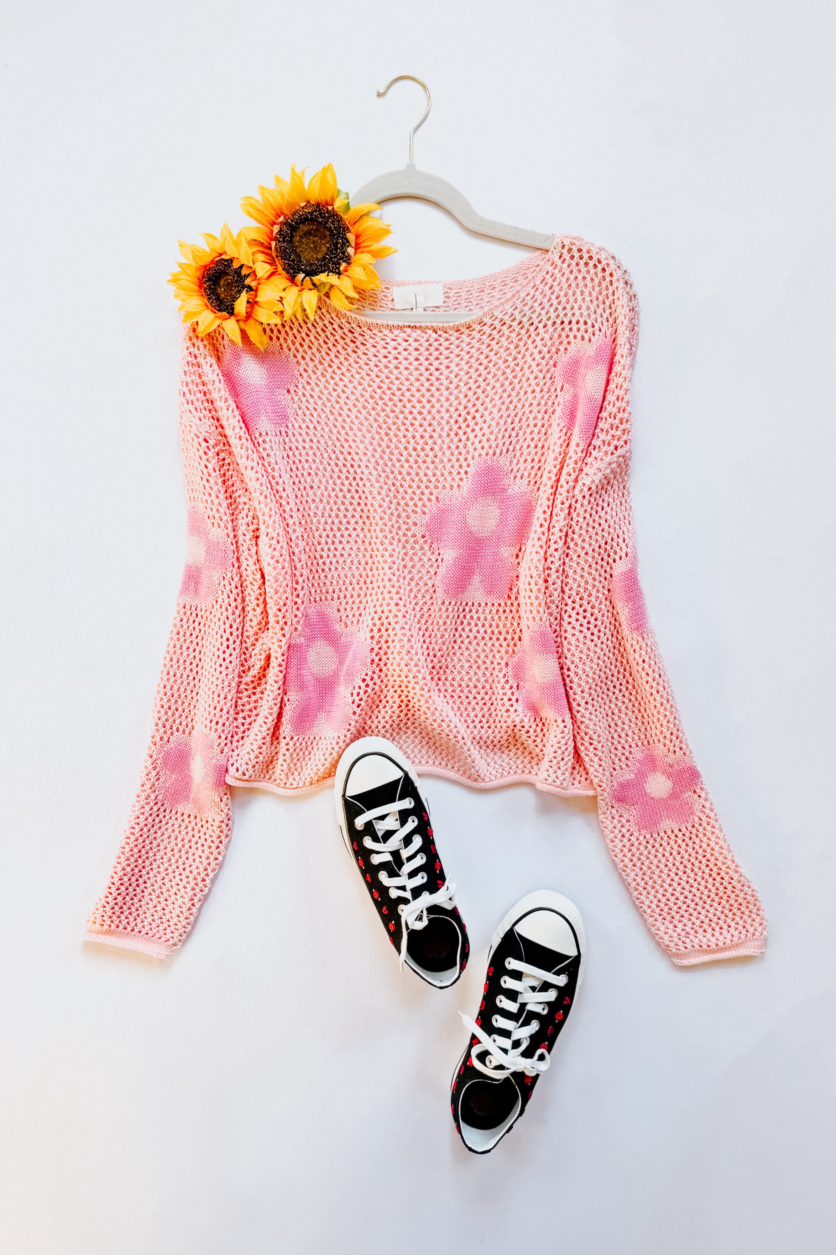 Sweet Bloom Floral Mesh Sweater Top • Blush