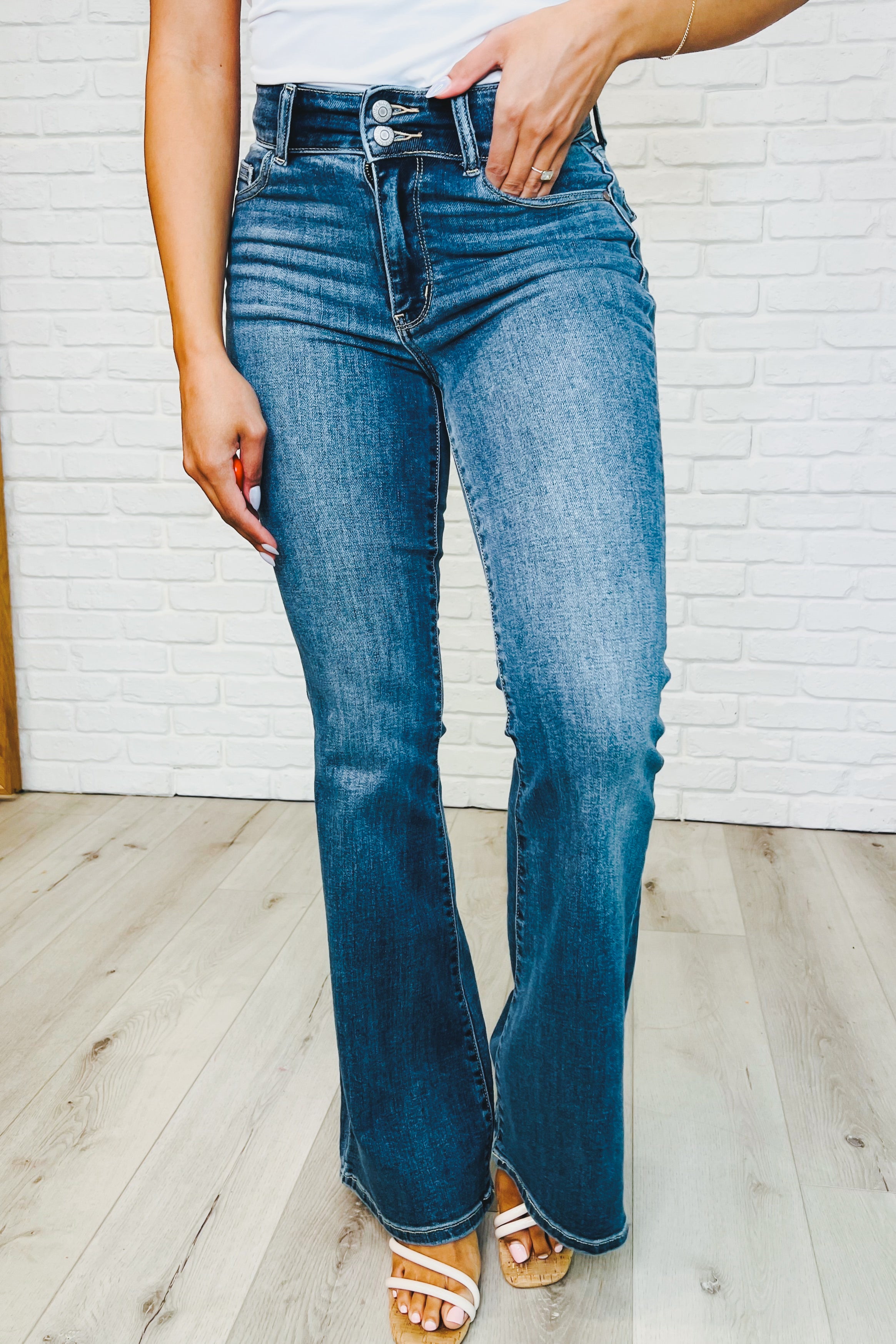 Ariana High Rise Double Button Waistband Flare Jeans