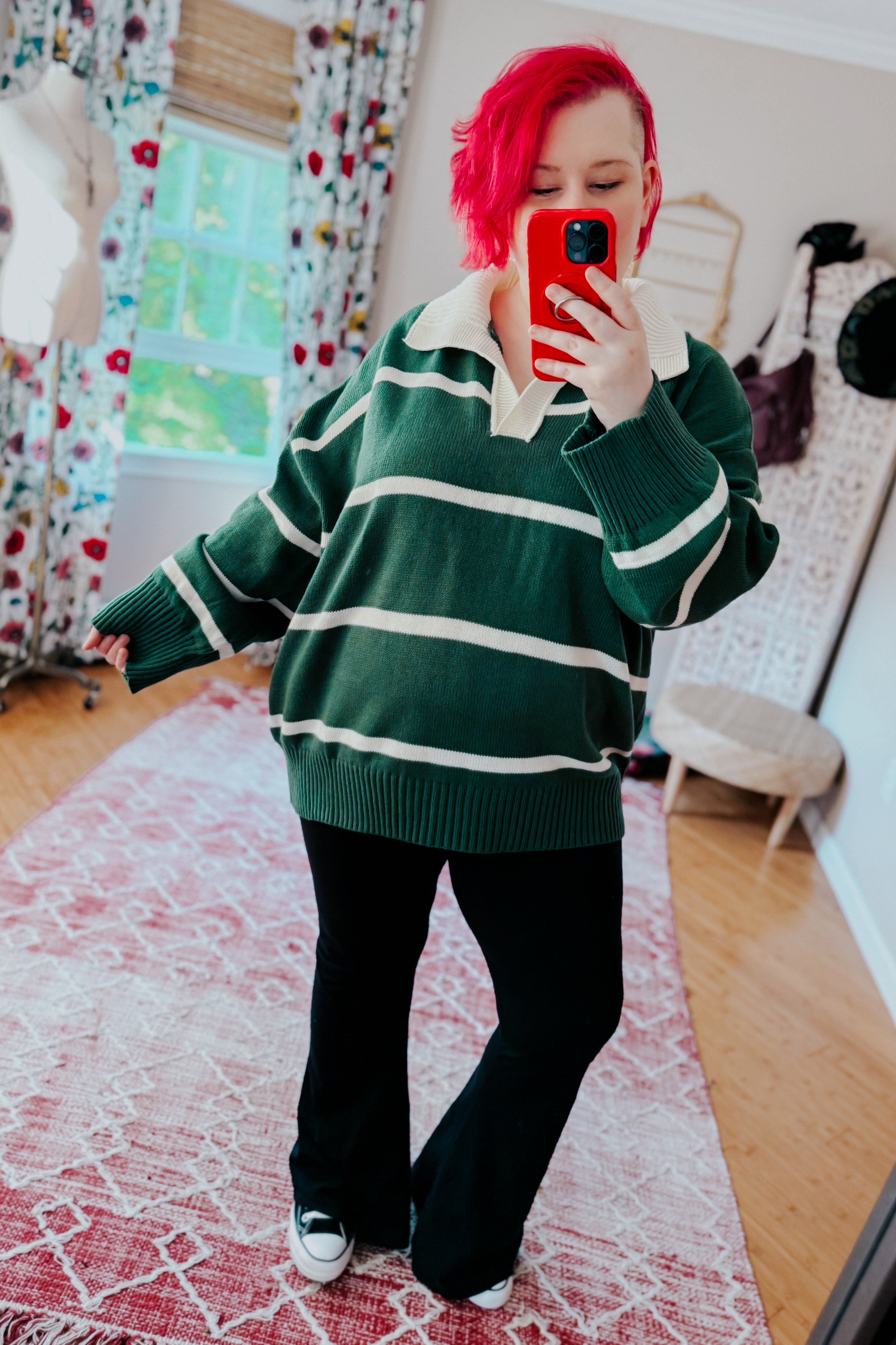 Makes You Wonder Striped Collared Sweater • Green