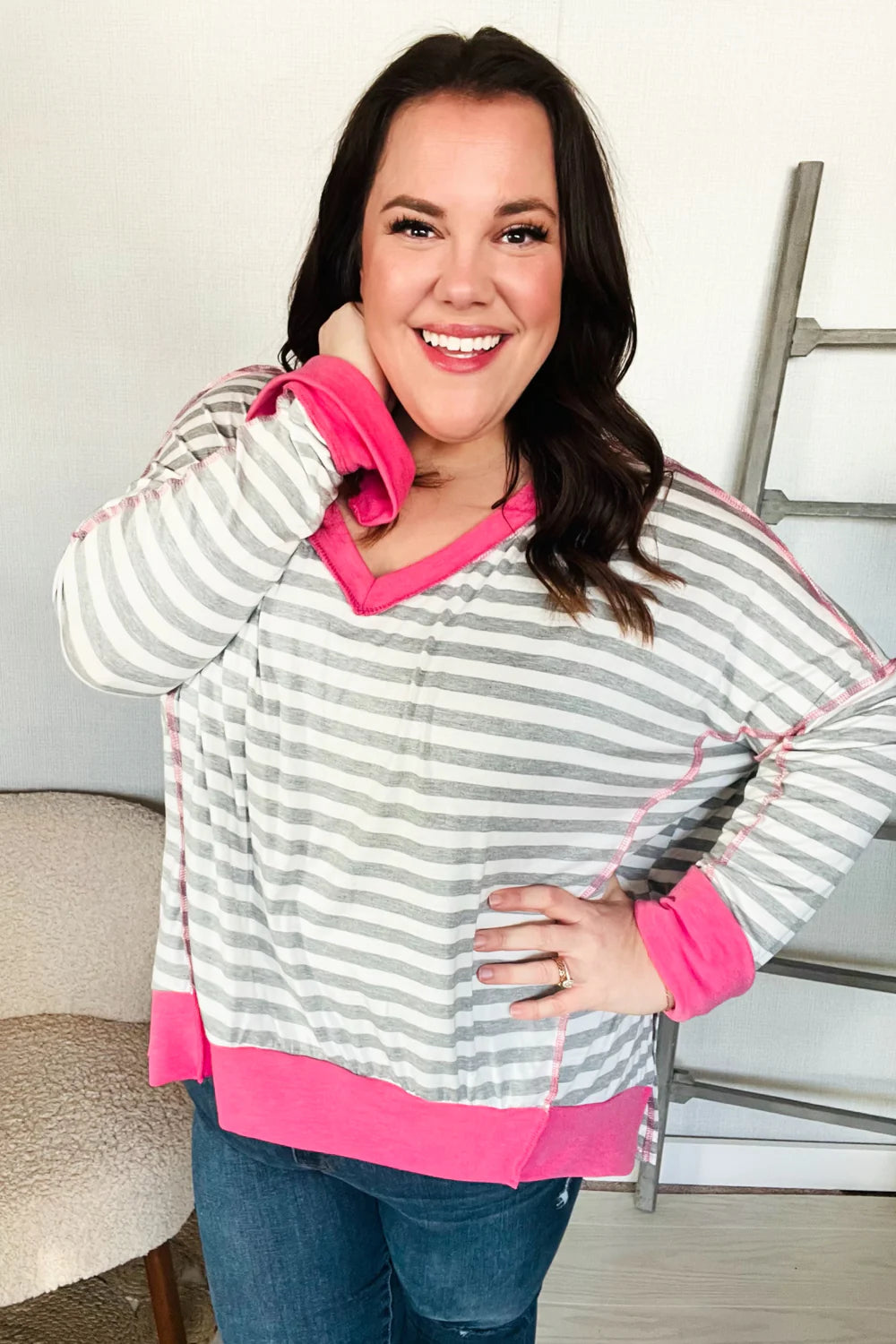 First Kiss Striped Hi-Lo Out Seam Stitch Pullover