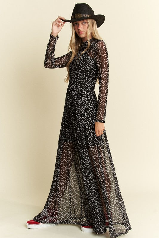 Hendrix Long Sleeve Animal Print Mesh Maxi Dress