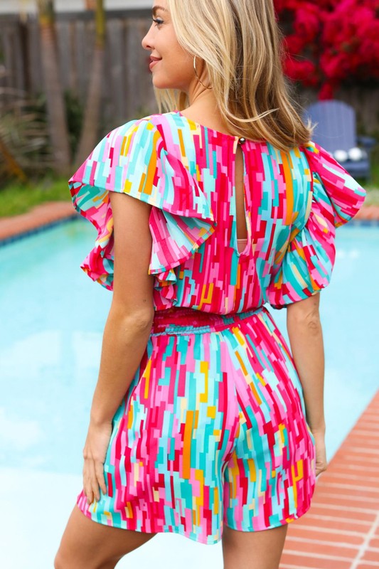 Finding My Bold Abstract Print Smocked Waist Flutter Sleeve Romper