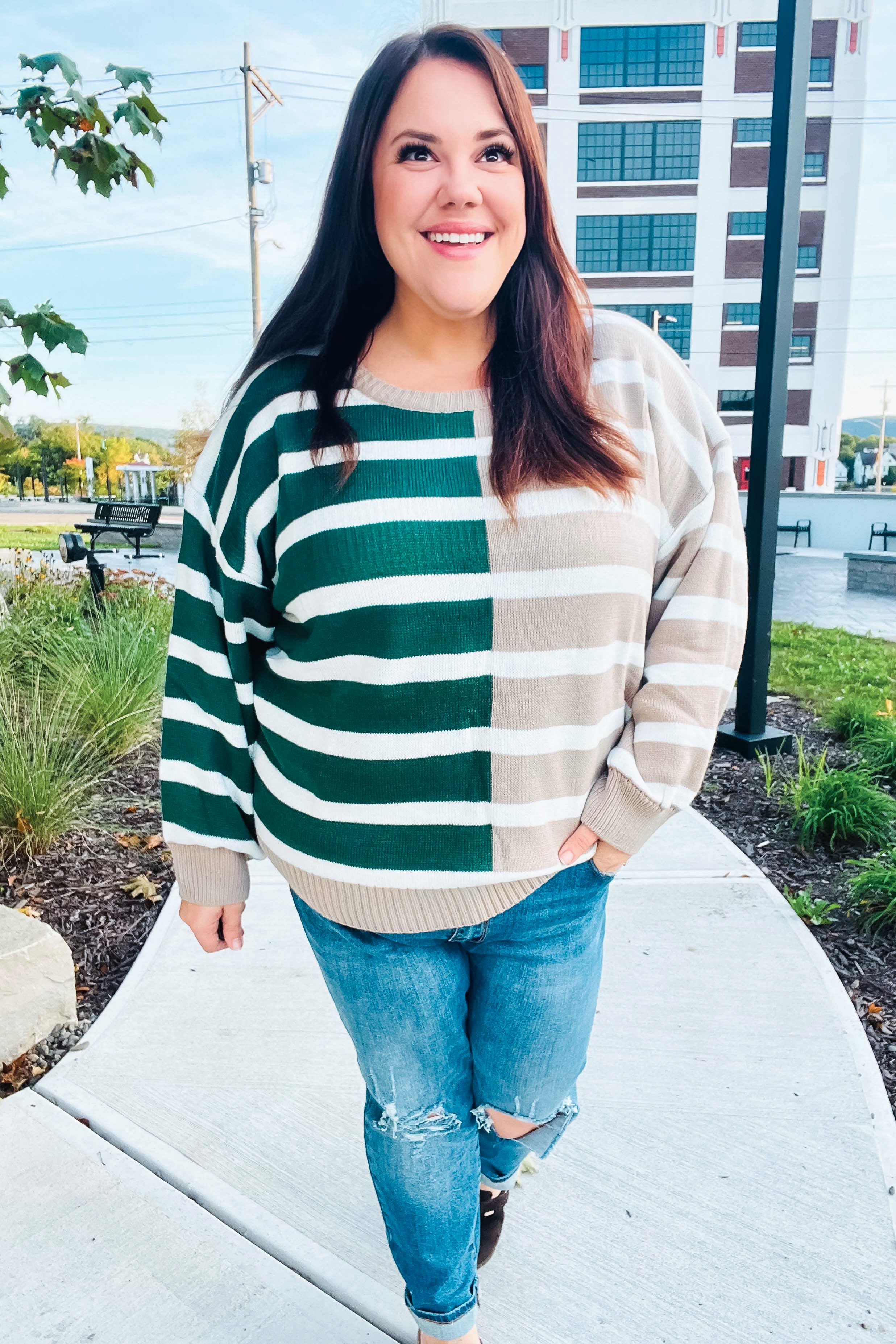 Most Wanted Striped Color Block Sweater • Green & Taupe