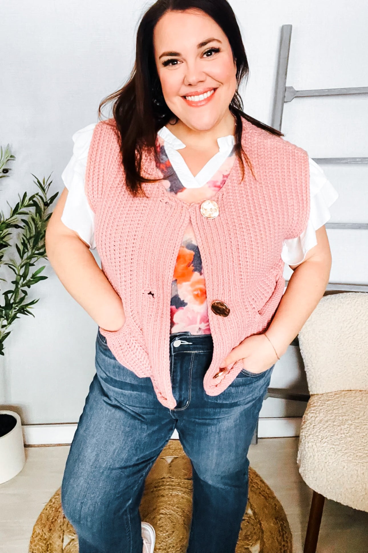 So You Know Gold Button Down Chunky Sweater Vest