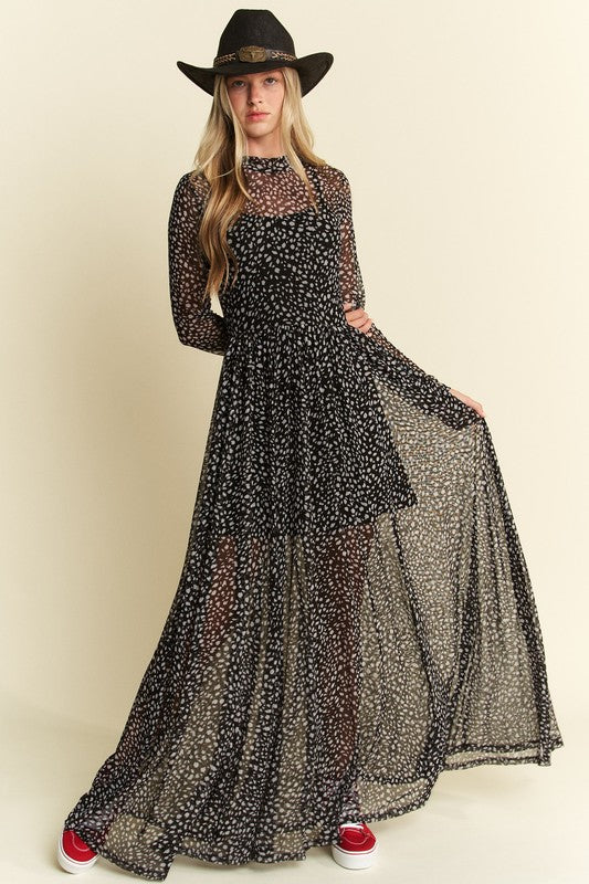 Hendrix Long Sleeve Animal Print Mesh Maxi Dress