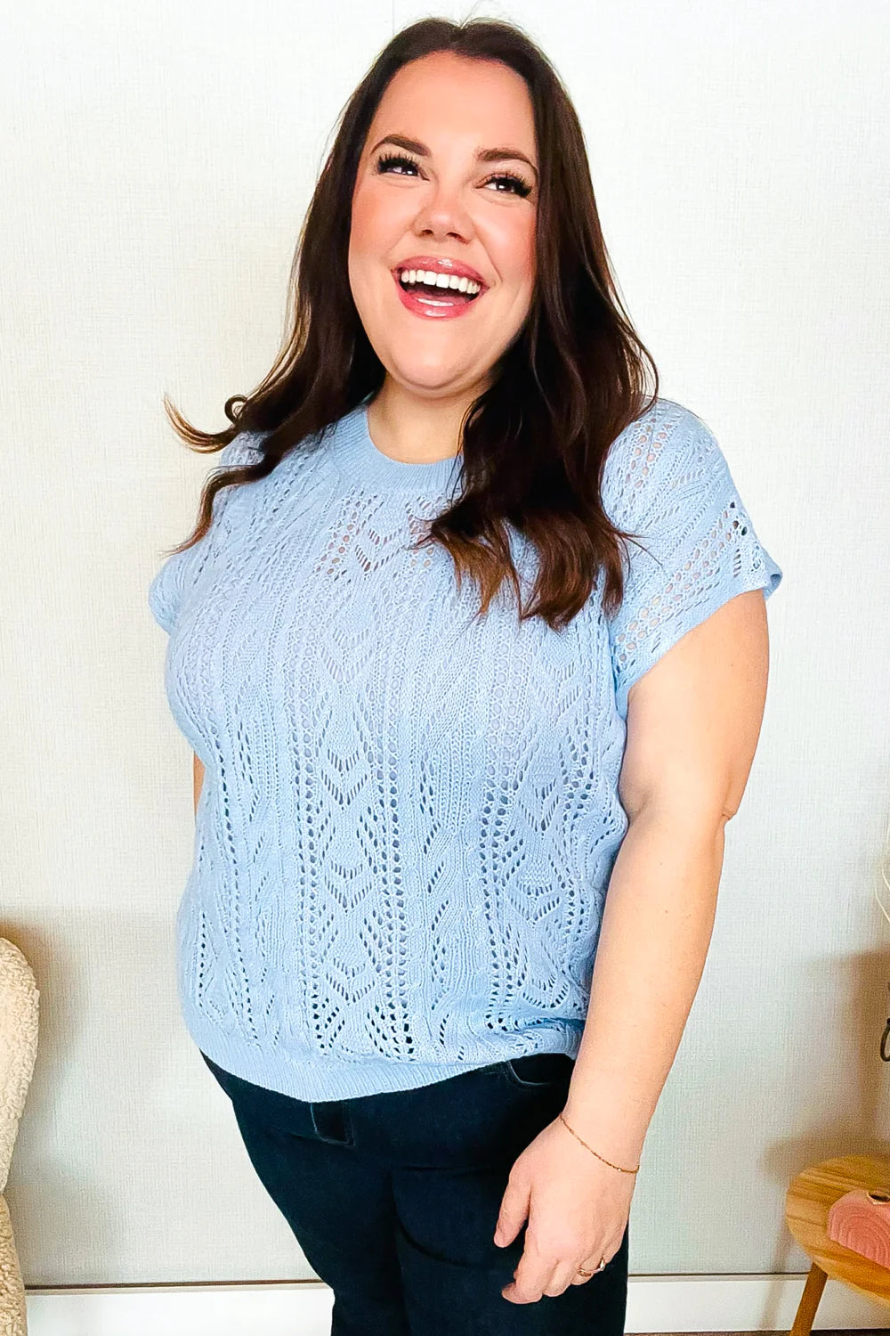 The Perfect Find Short Sleeve Crochet Sweater Top • Sky Blue