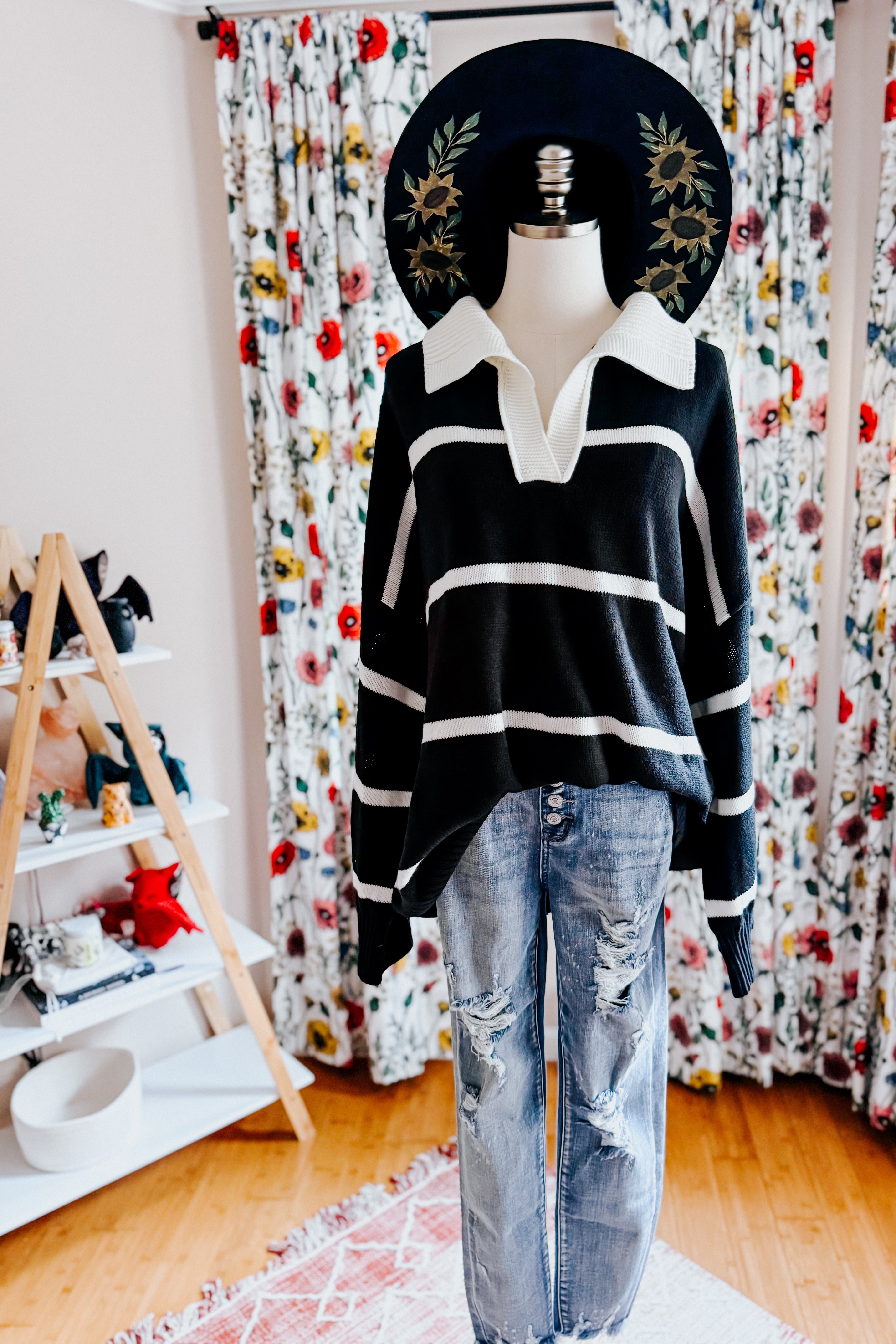 Makes You Wonder Striped Collared Sweater • Black