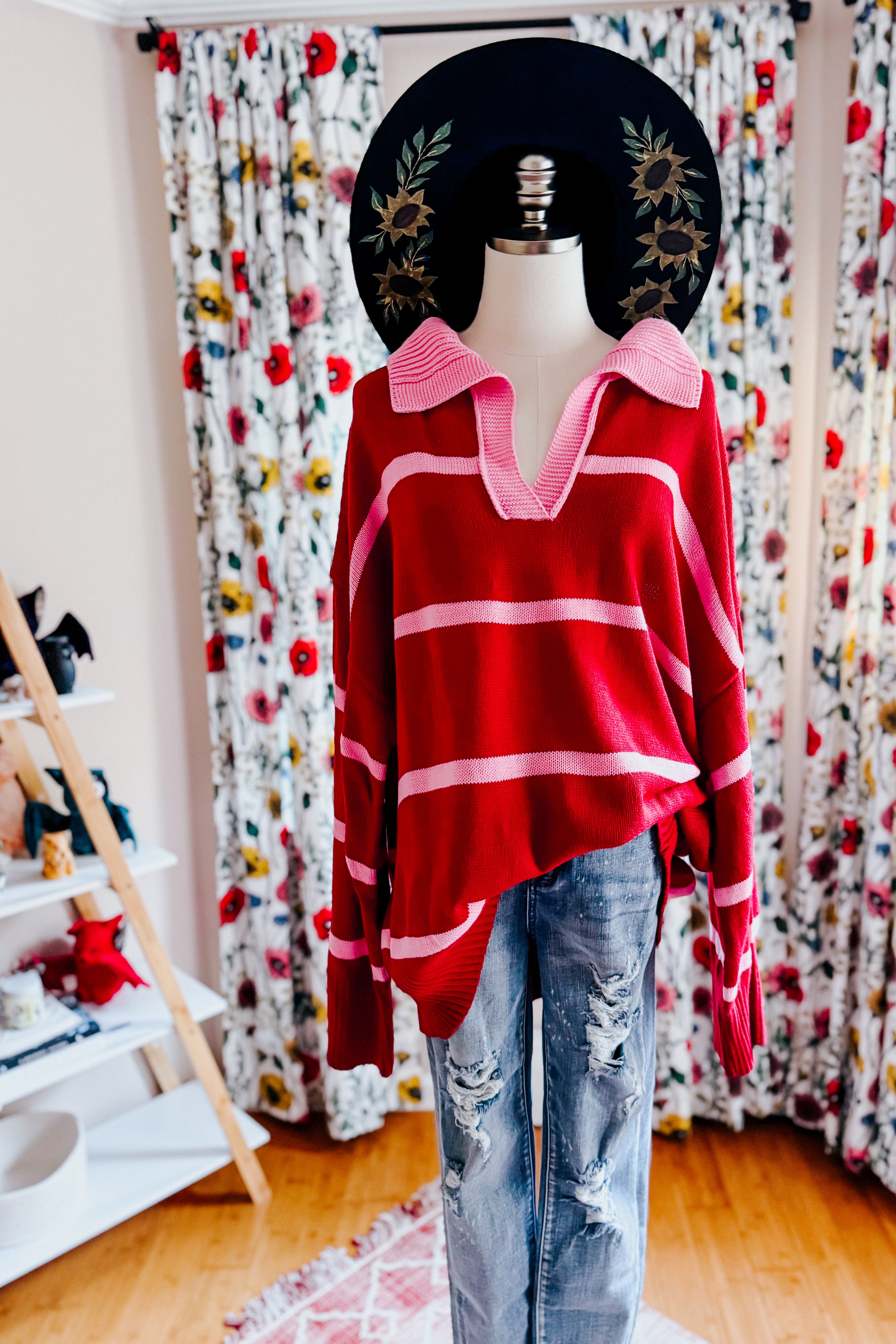 Makes You Wonder Striped Collared Sweater • Crimson