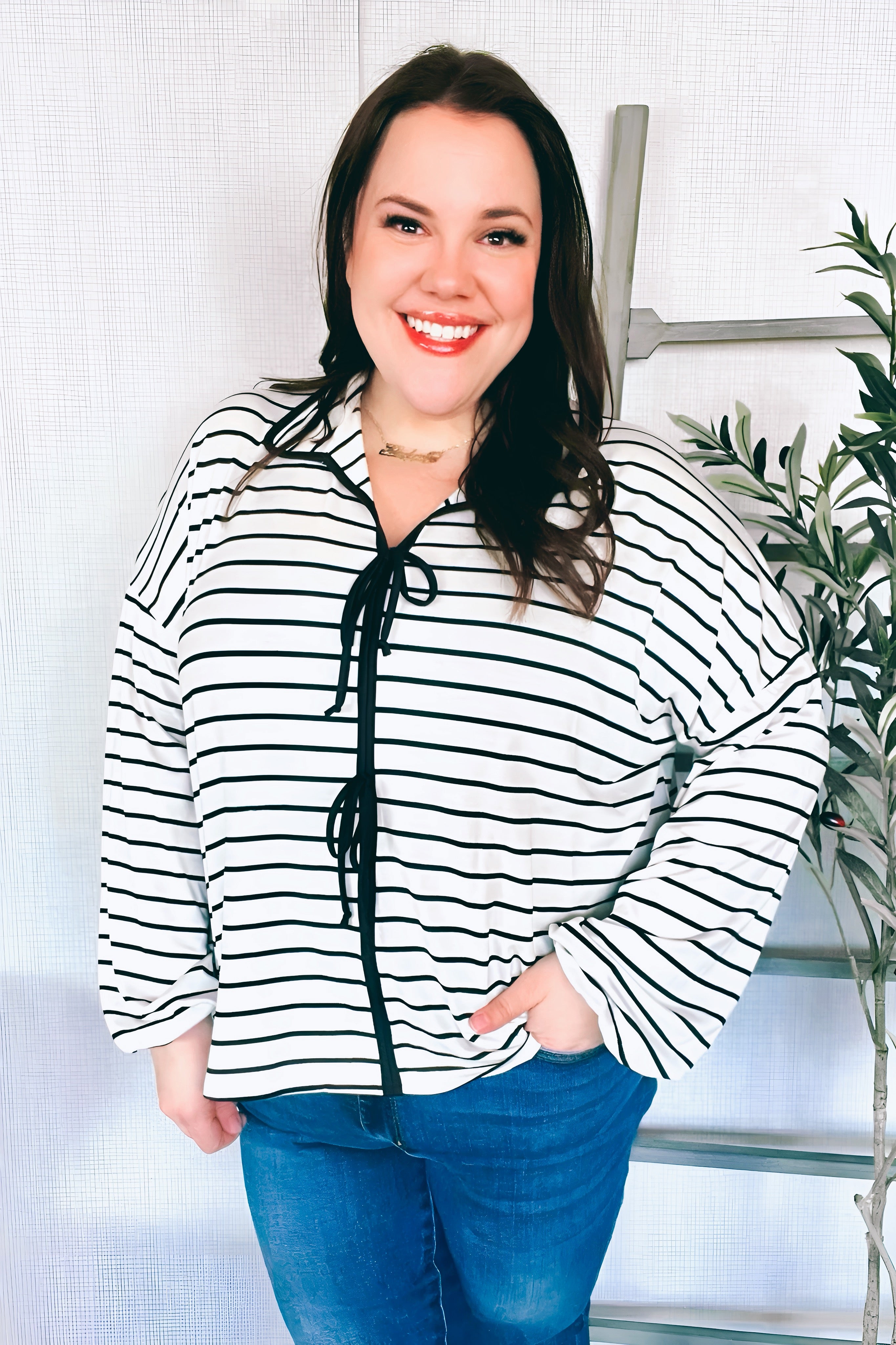 What You Say Striped Bow Tie Terry Top • Black & White