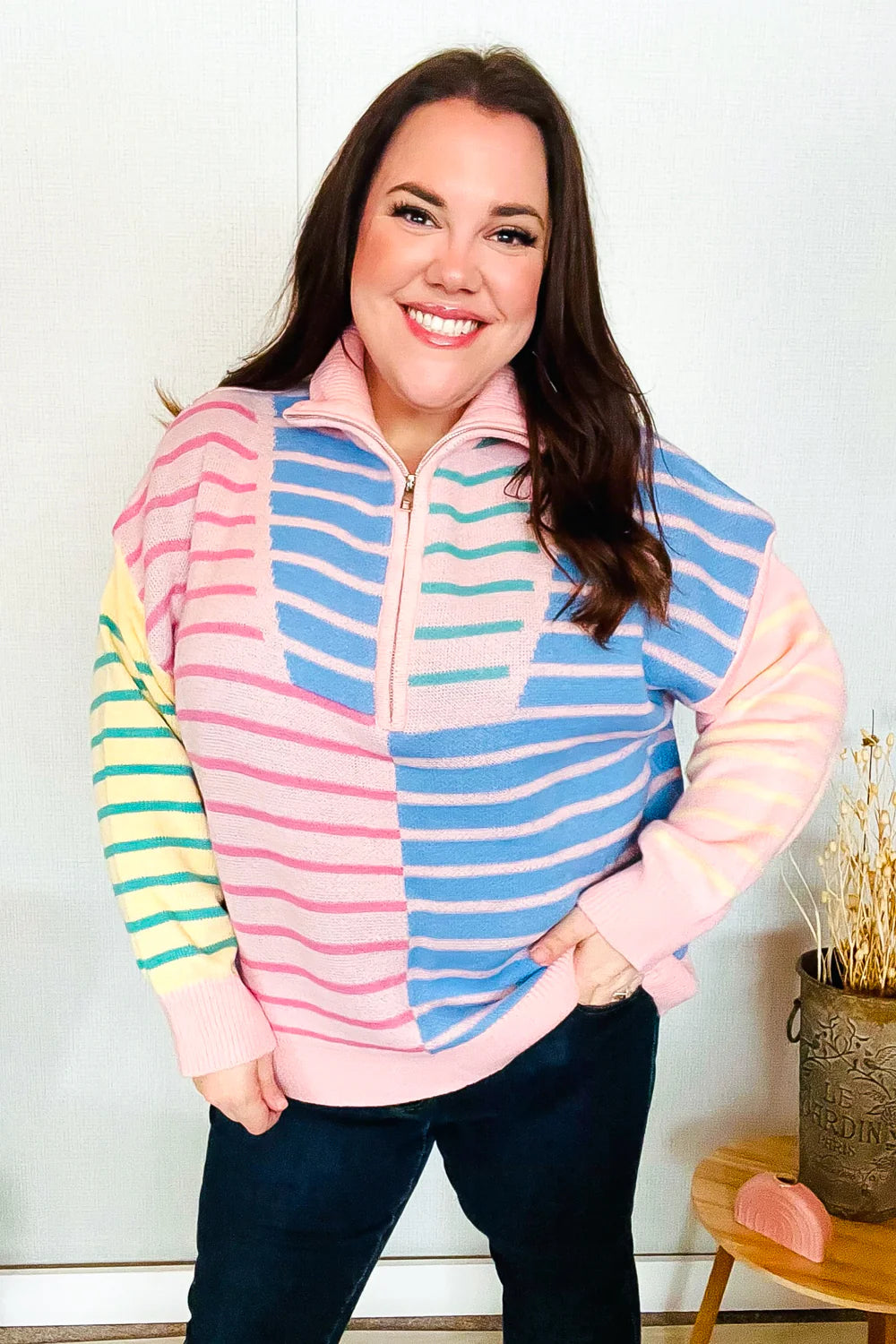 Off The Path Striped Half Zip Up Sweater