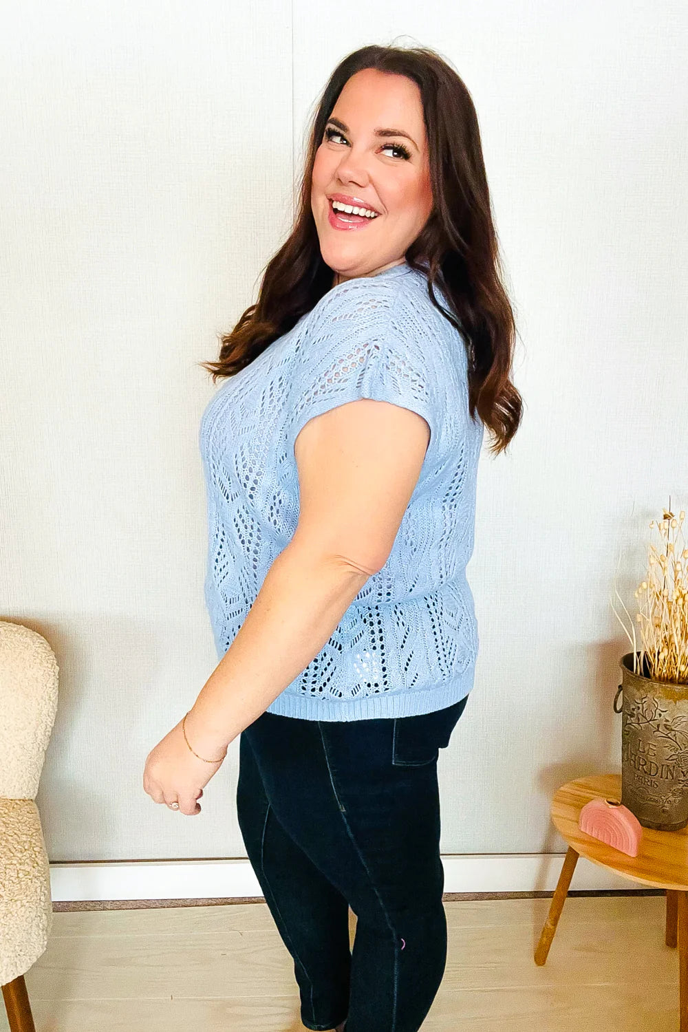 The Perfect Find Short Sleeve Crochet Sweater Top • Sky Blue