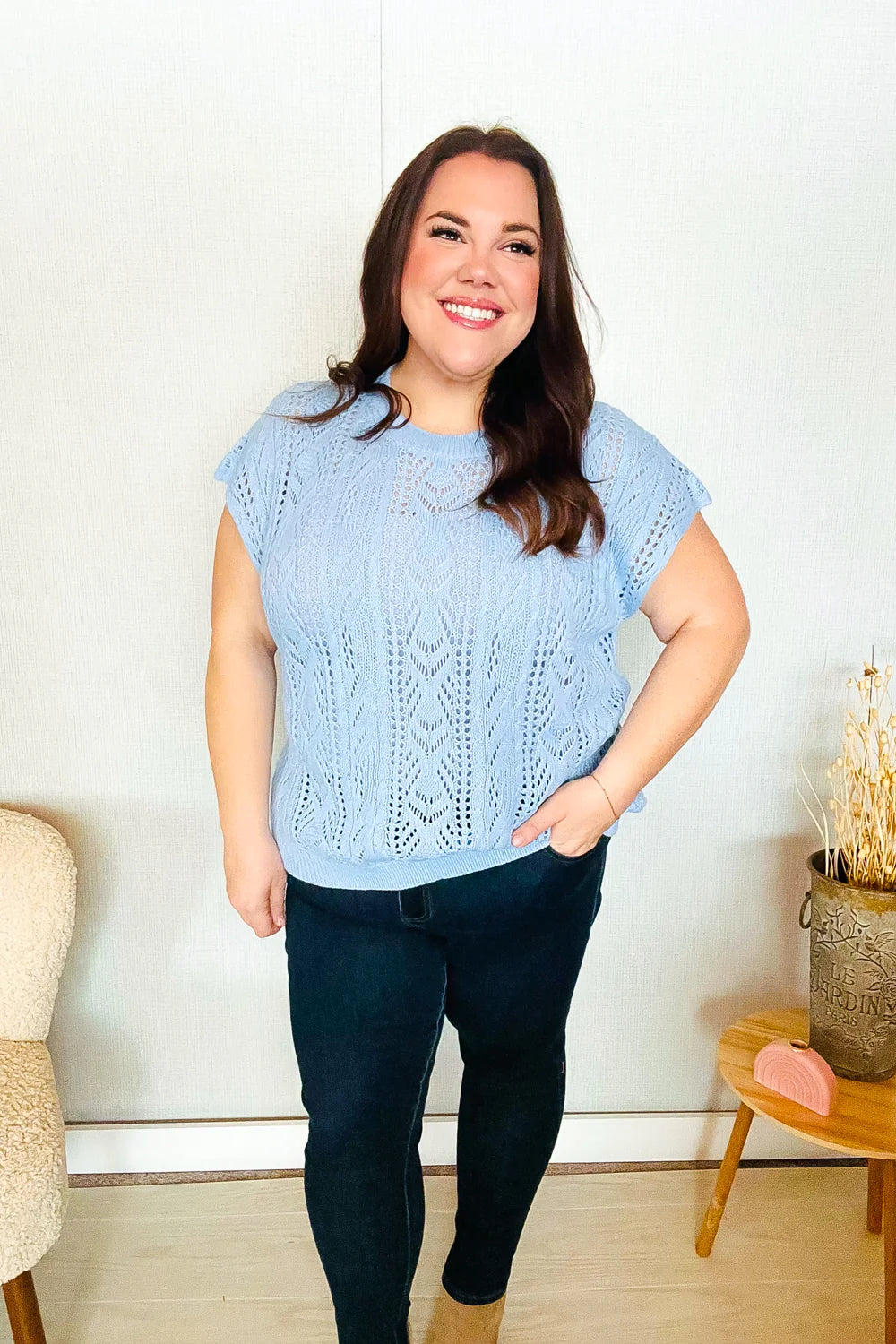 The Perfect Find Short Sleeve Crochet Sweater Top • Sky Blue