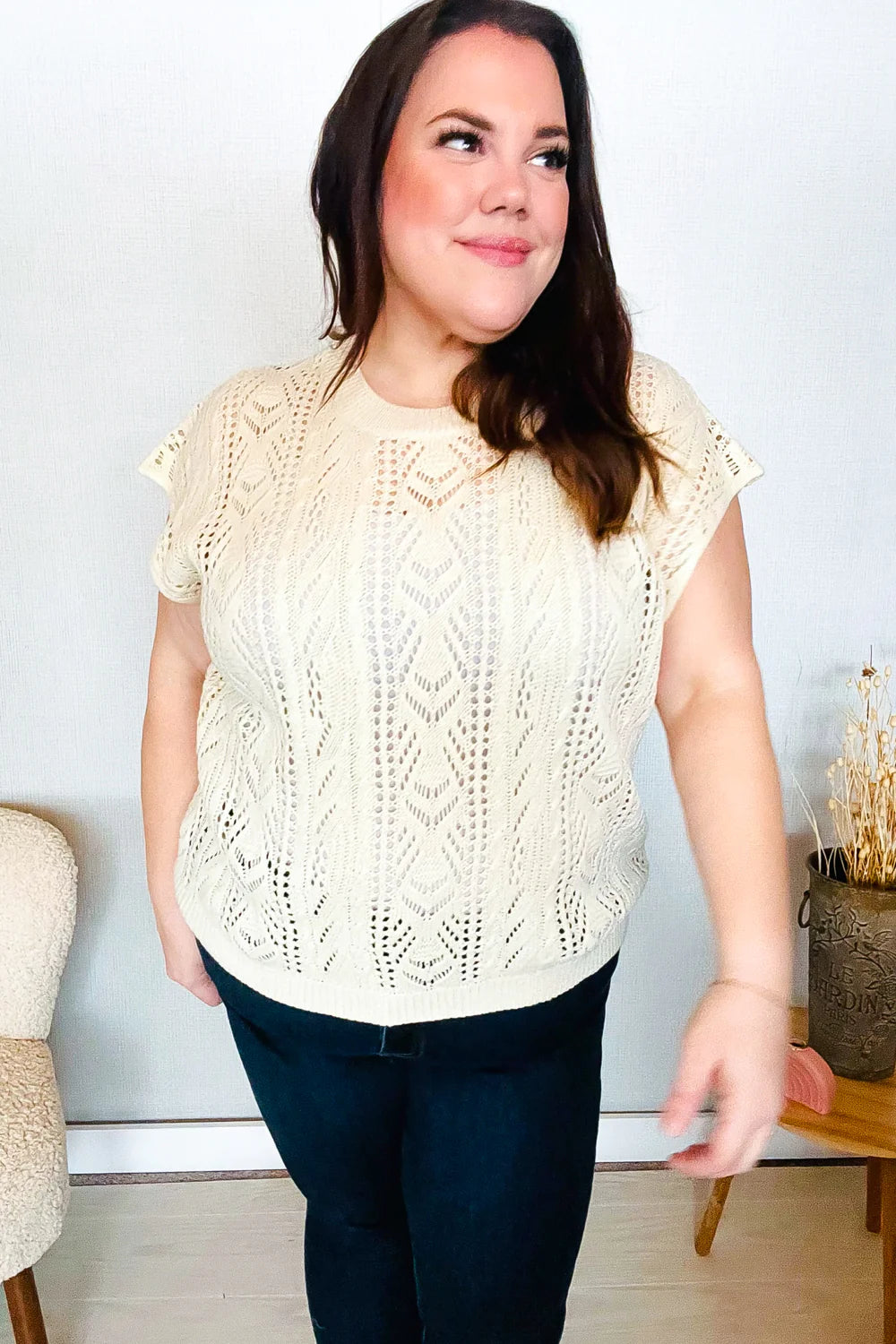 The Perfect Find Short Sleeve Crochet Sweater Top • Beige