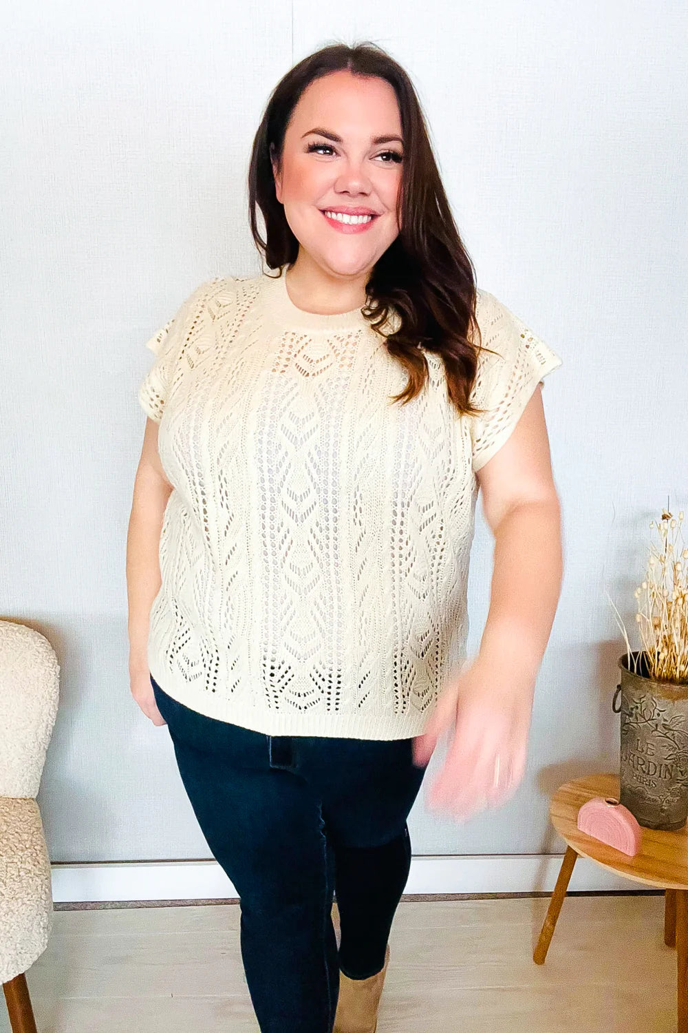 The Perfect Find Short Sleeve Crochet Sweater Top • Beige