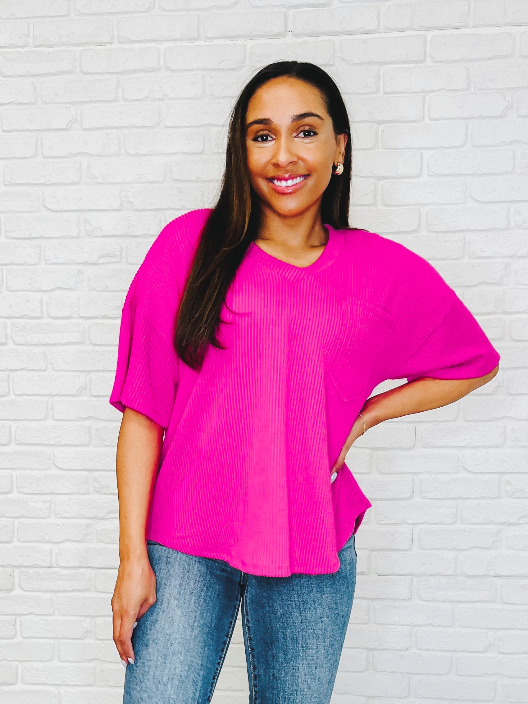 Just a Casual Girly V-Neck Basic Tee • Fuchsia