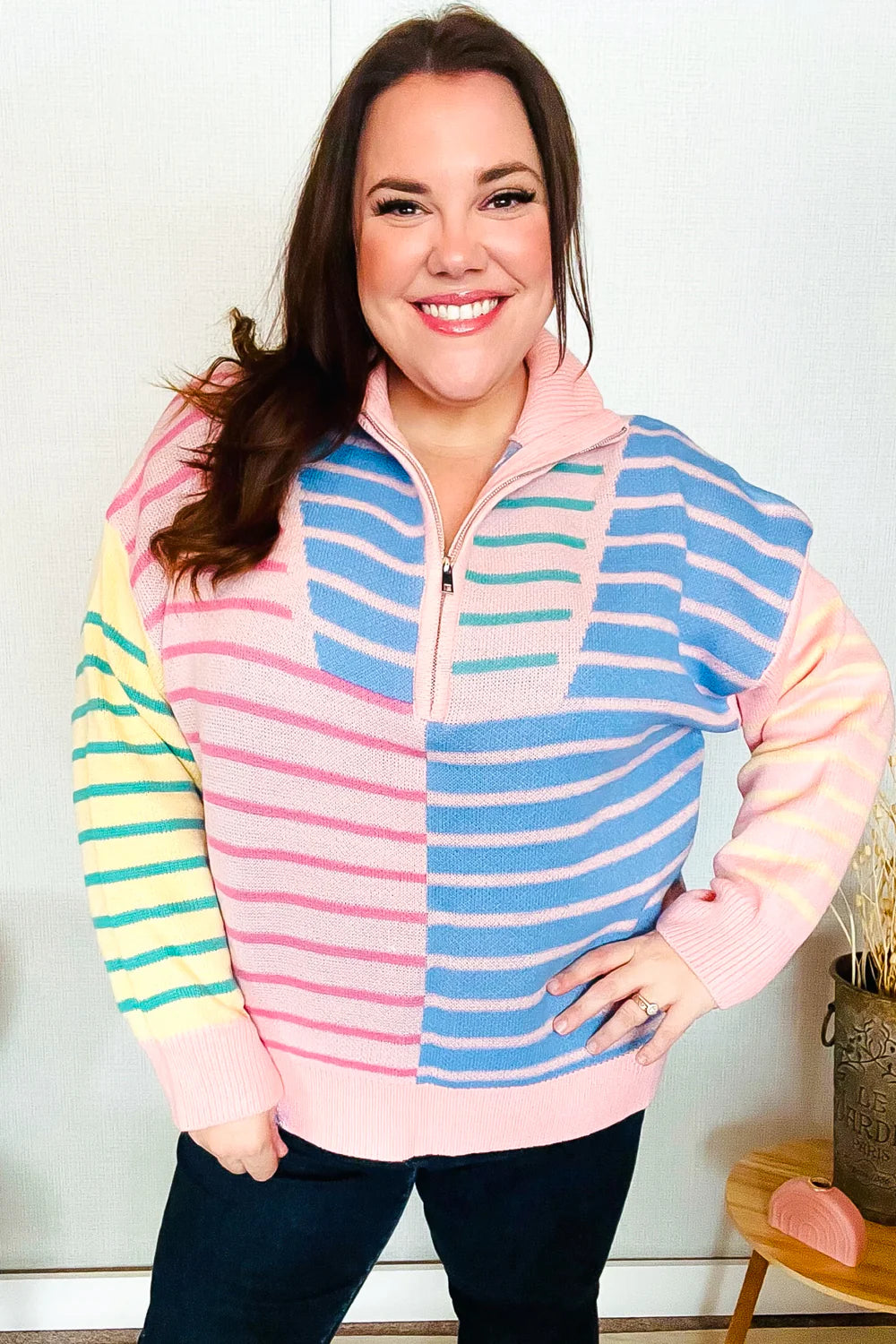 Off The Path Striped Half Zip Up Sweater