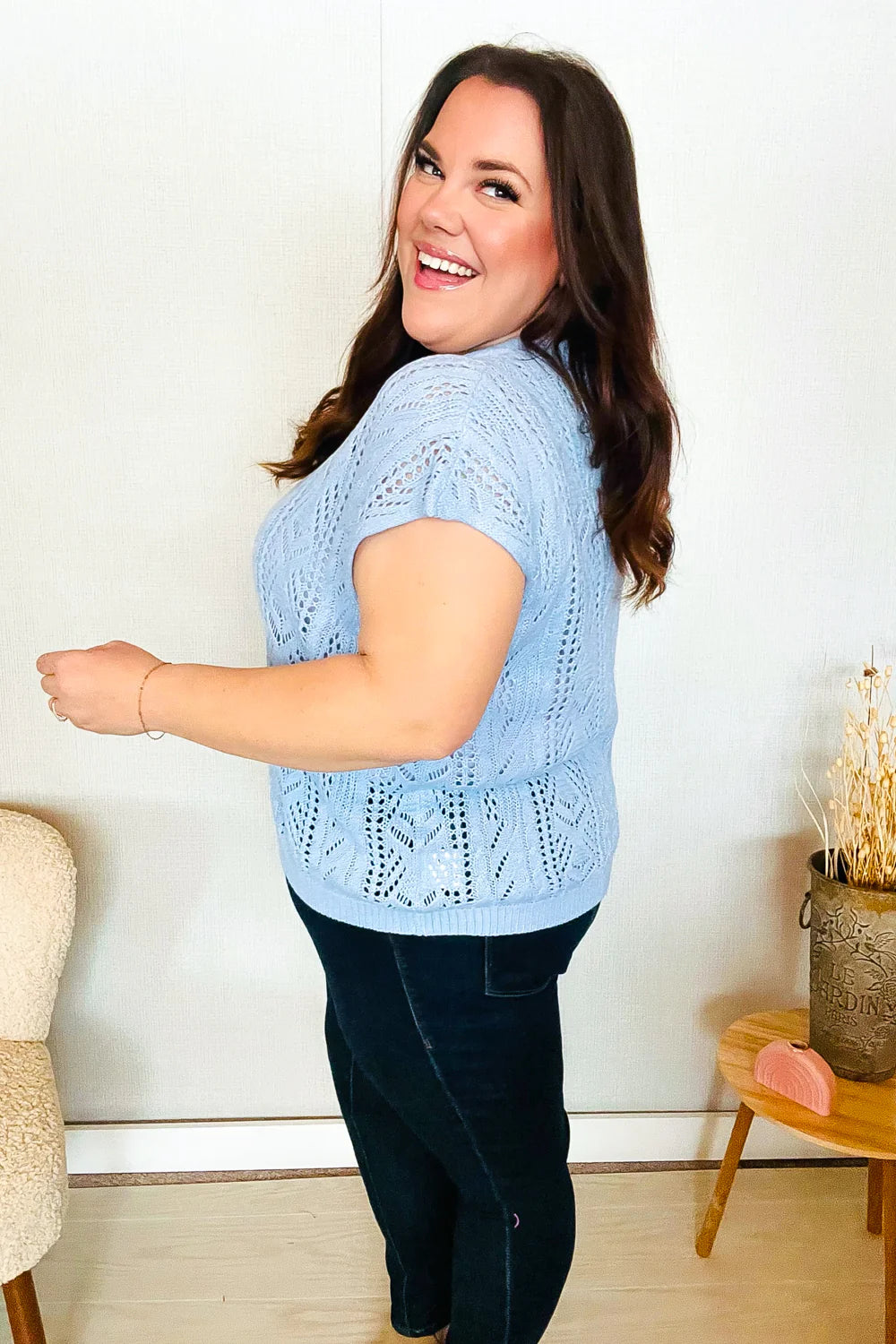 The Perfect Find Short Sleeve Crochet Sweater Top • Sky Blue