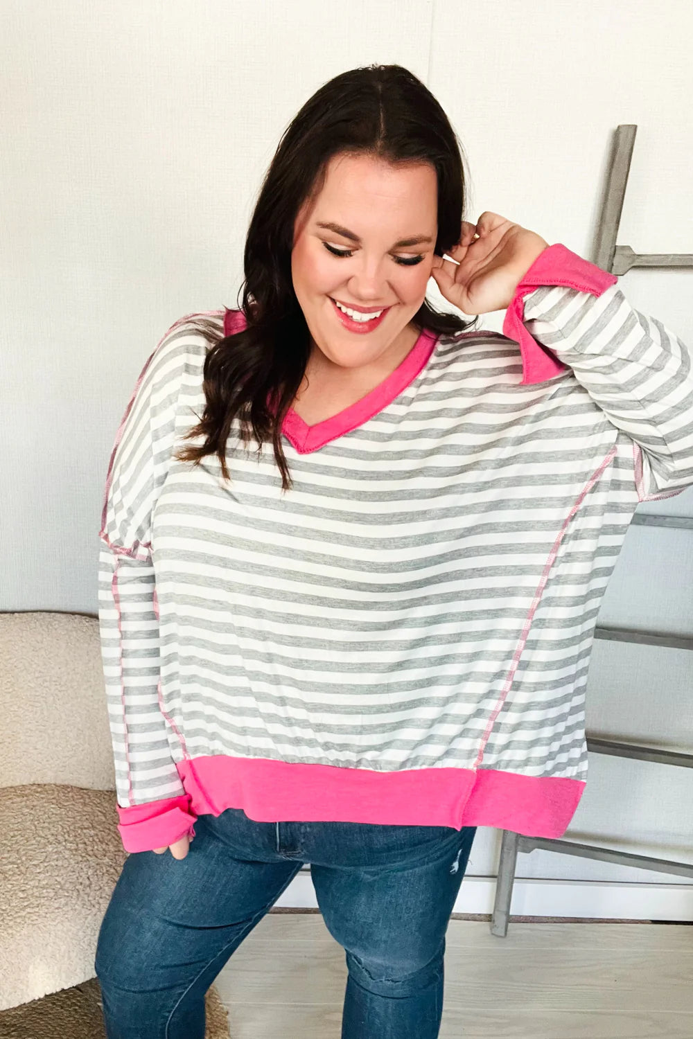 First Kiss Striped Hi-Lo Out Seam Stitch Pullover