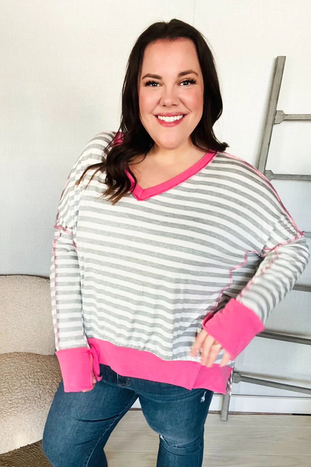 First Kiss Striped Hi-Lo Out Seam Stitch Pullover