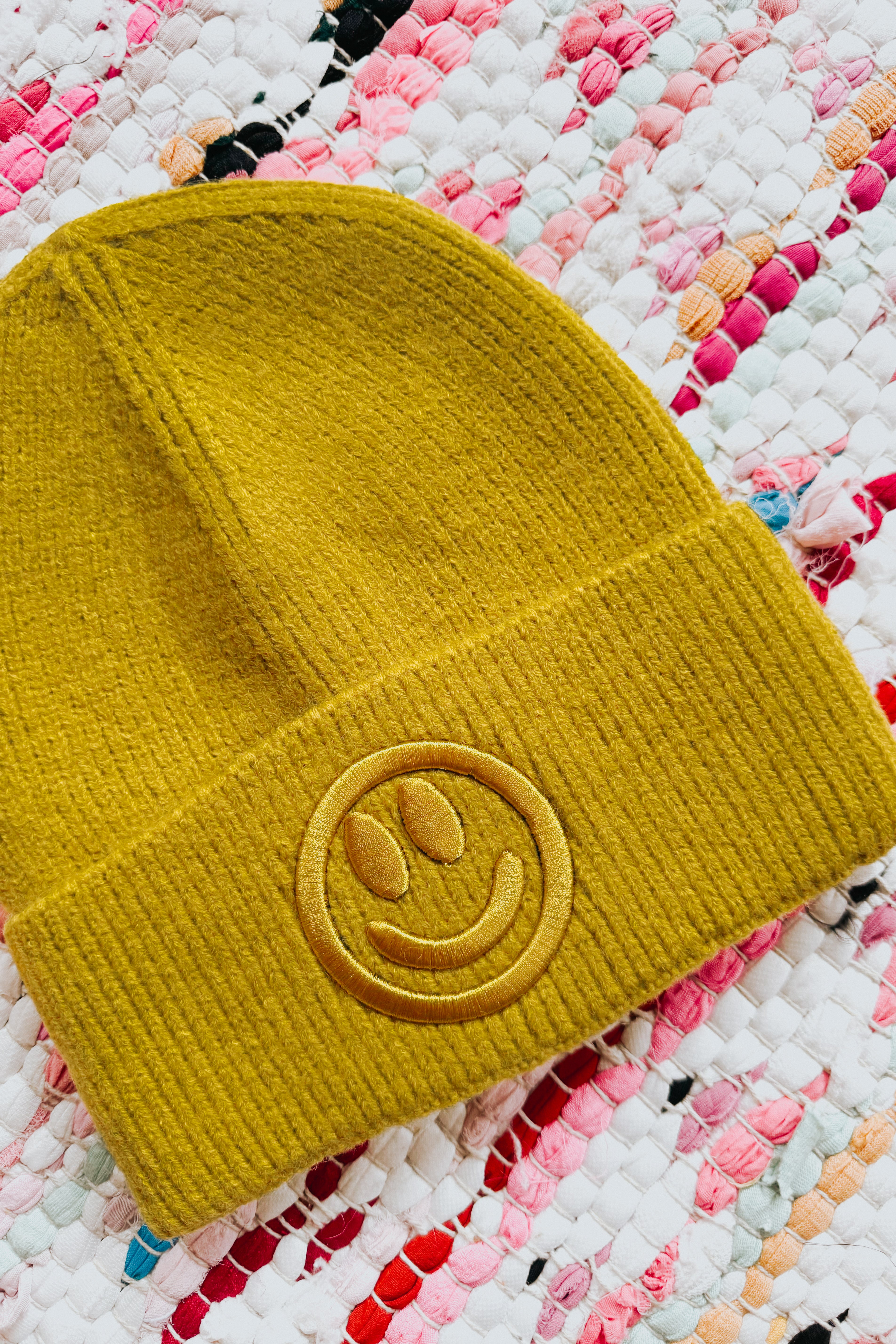 Cause I’m Happy Embroidered Ribbed Knit Beanie