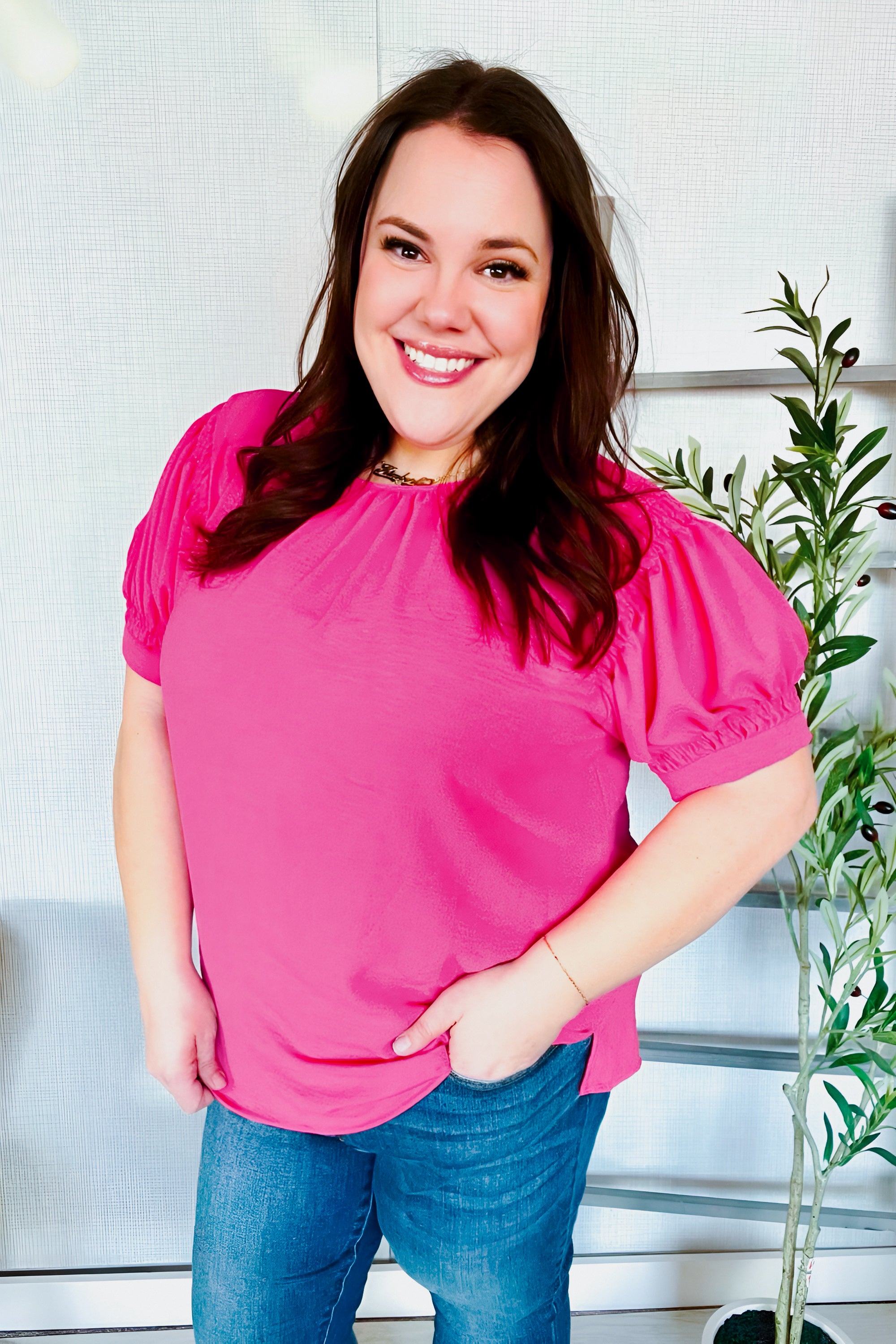 Perfectly You Silk Shirred Cap Short Sleeve Blouse • Fuchsia